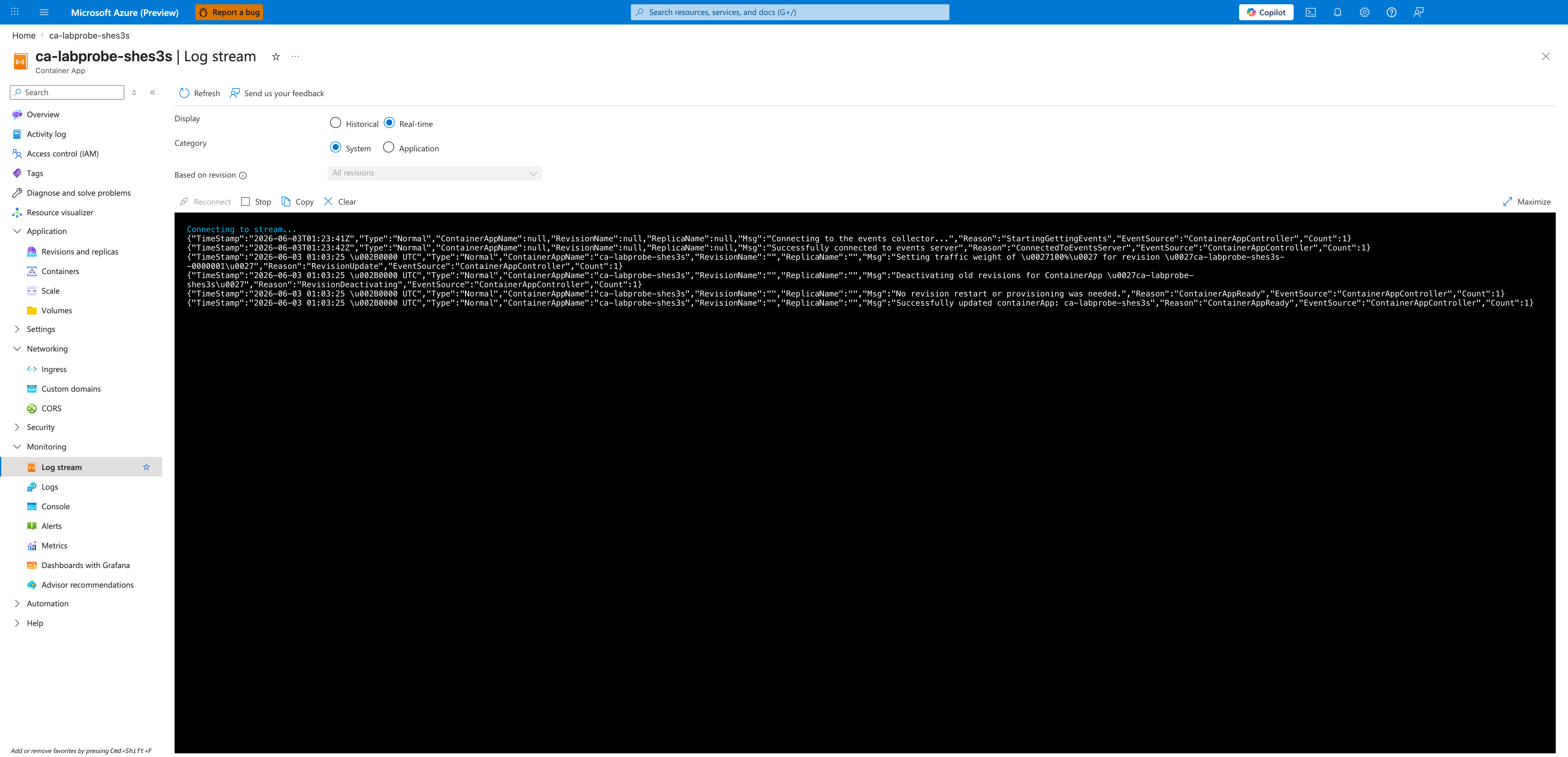 Log stream System category showing RevisionUpdate, RevisionDeactivating, and No revision restart or provisioning was needed events with no ProbeFailed entries
