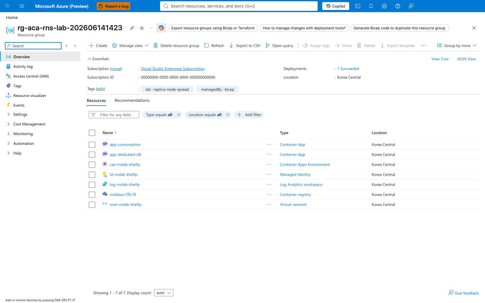 Resource group Overview blade showing both subject apps, the Container Apps environment, ACR, Log Analytics workspace, and user-assigned managed identity in the same resource group