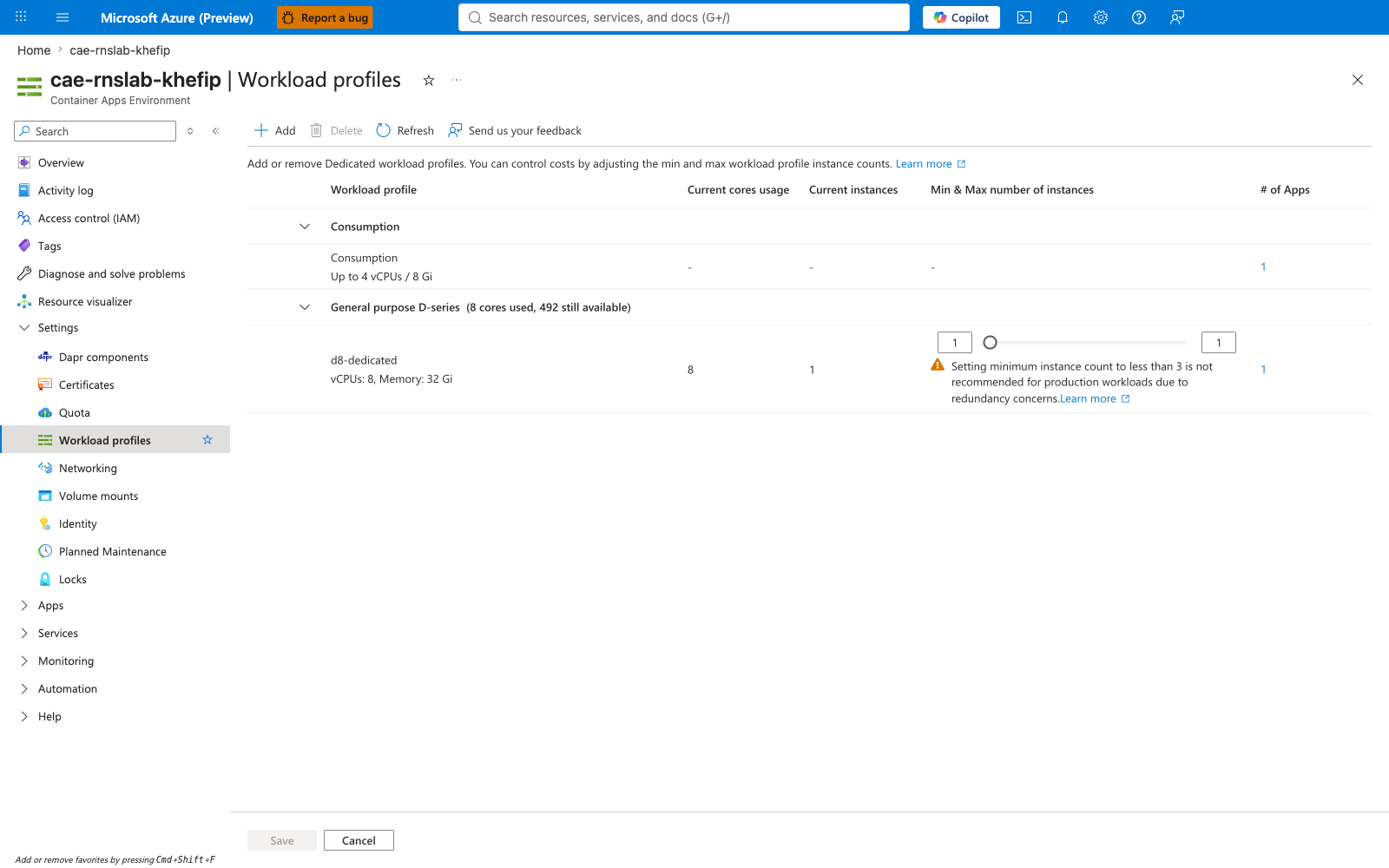 Container Apps environment Workload profiles tab showing both Consumption and Dedicated D8 profiles provisioned on the same environment
