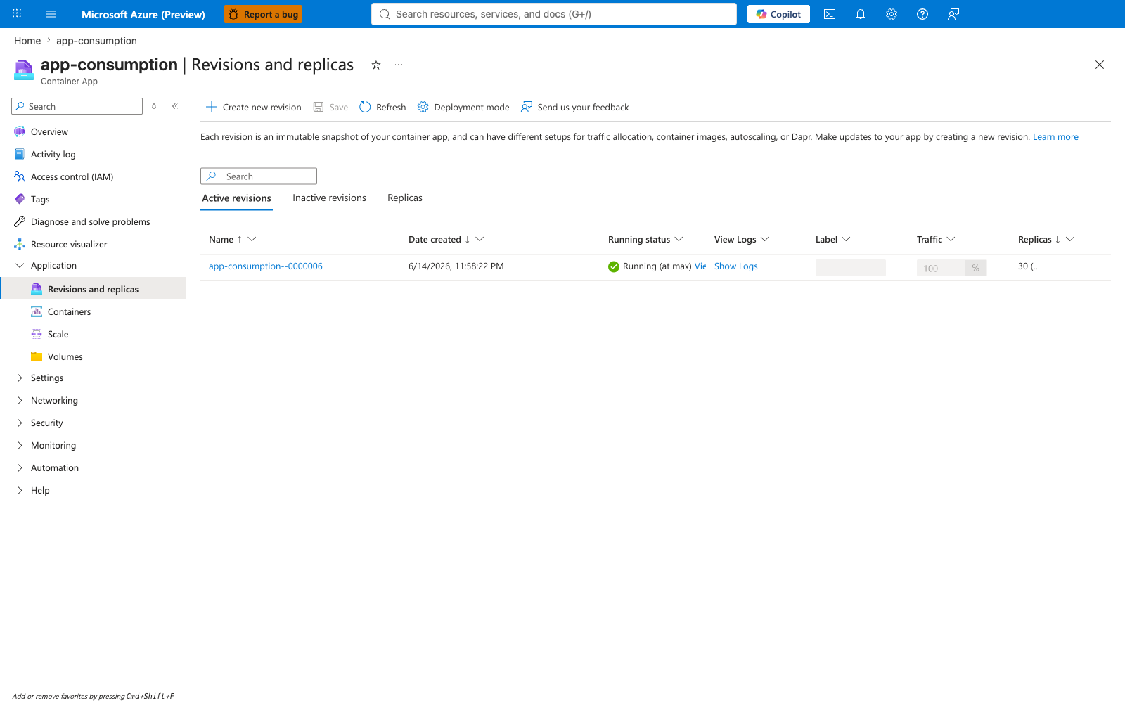 app-consumption Active revisions tab showing the active revision with running replica count of 30