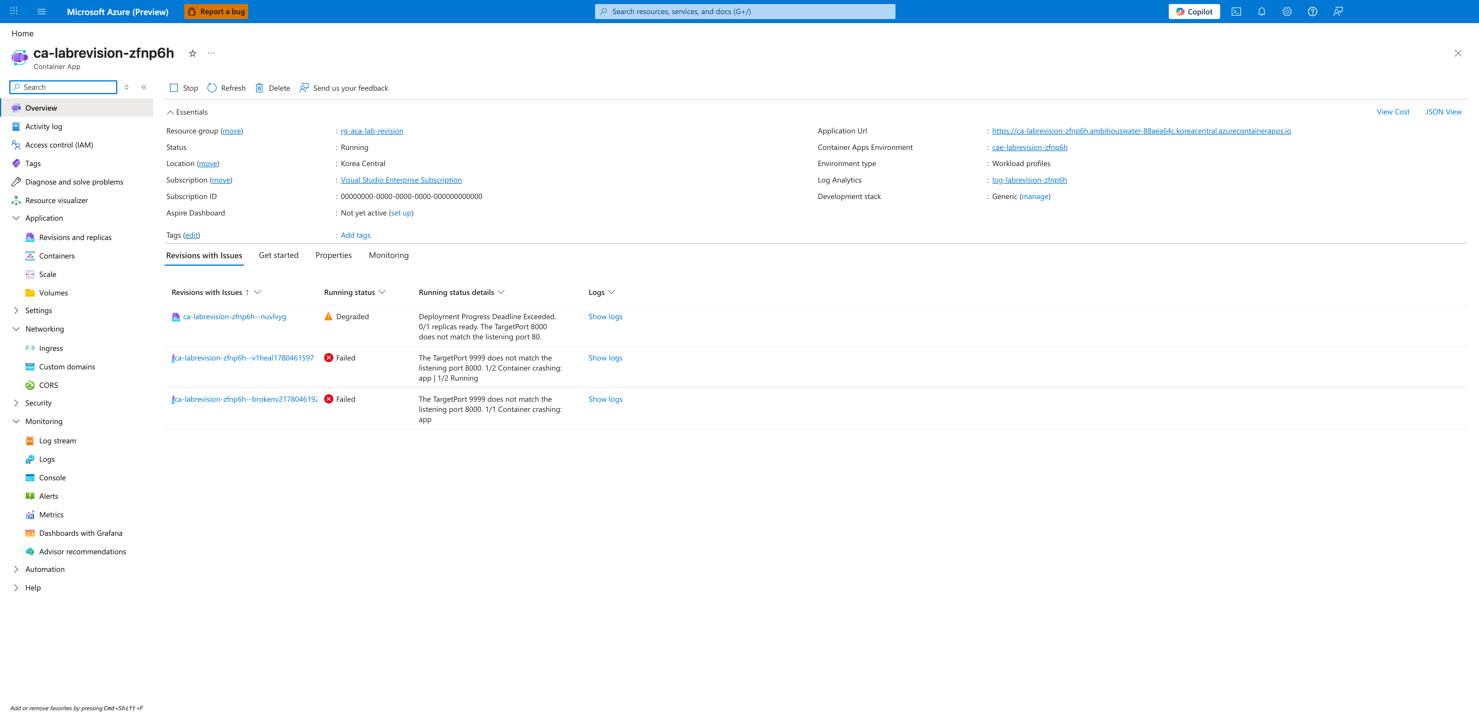 Container App Overview blade with revisions issues banner