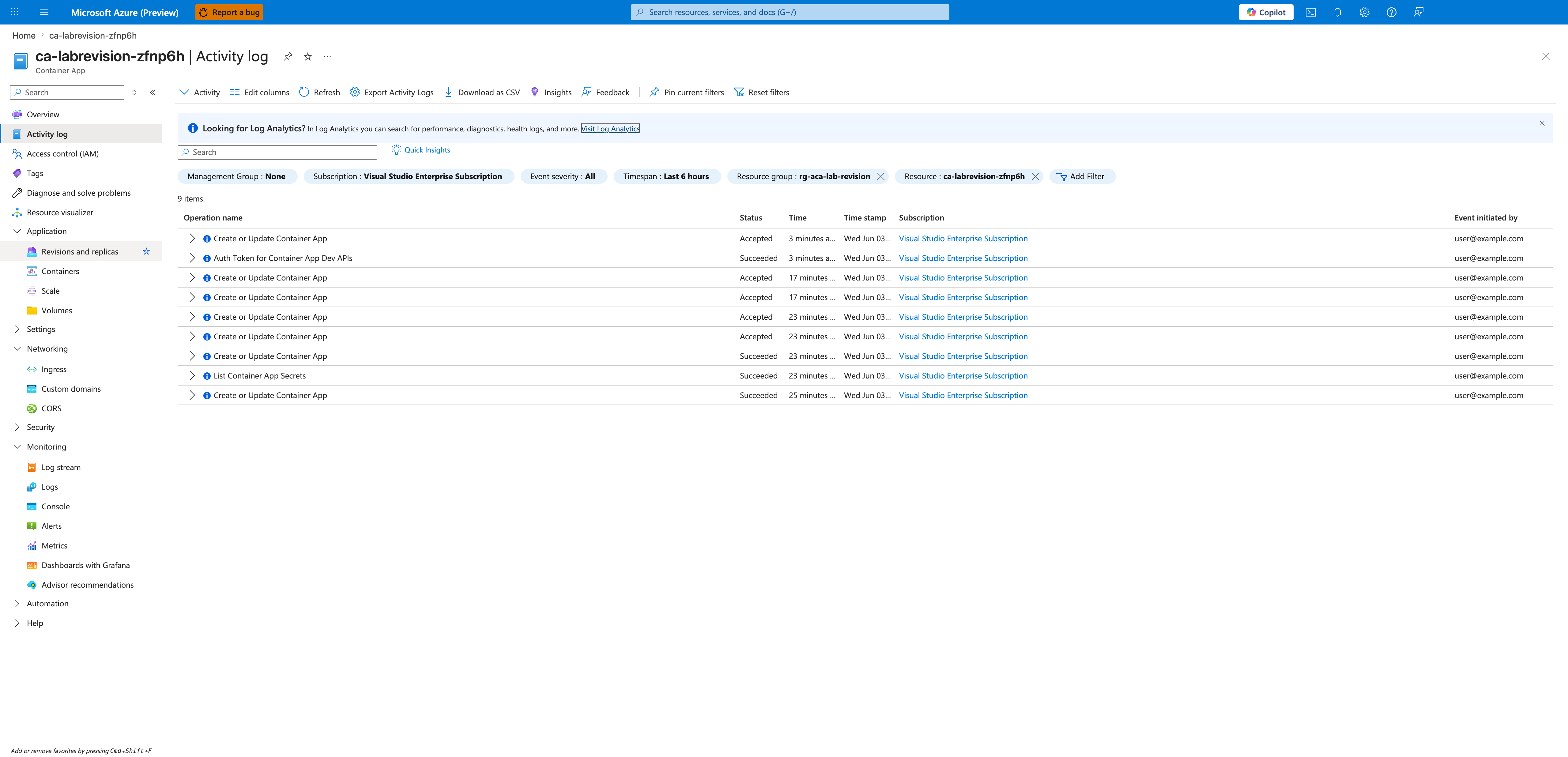 Activity log with multiple Create or Update Container App events