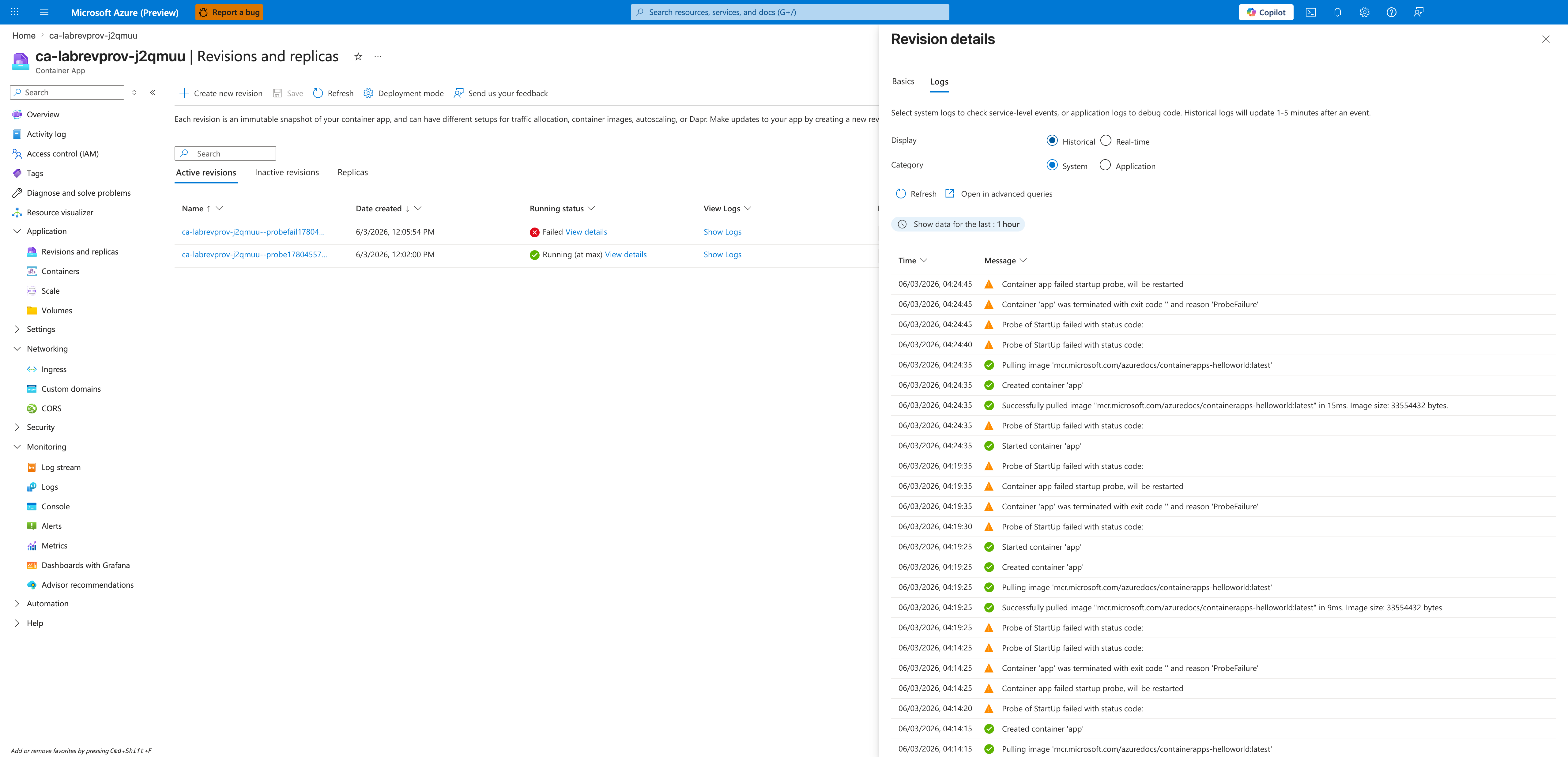 Revision detail Logs tab showing probe failure cascade