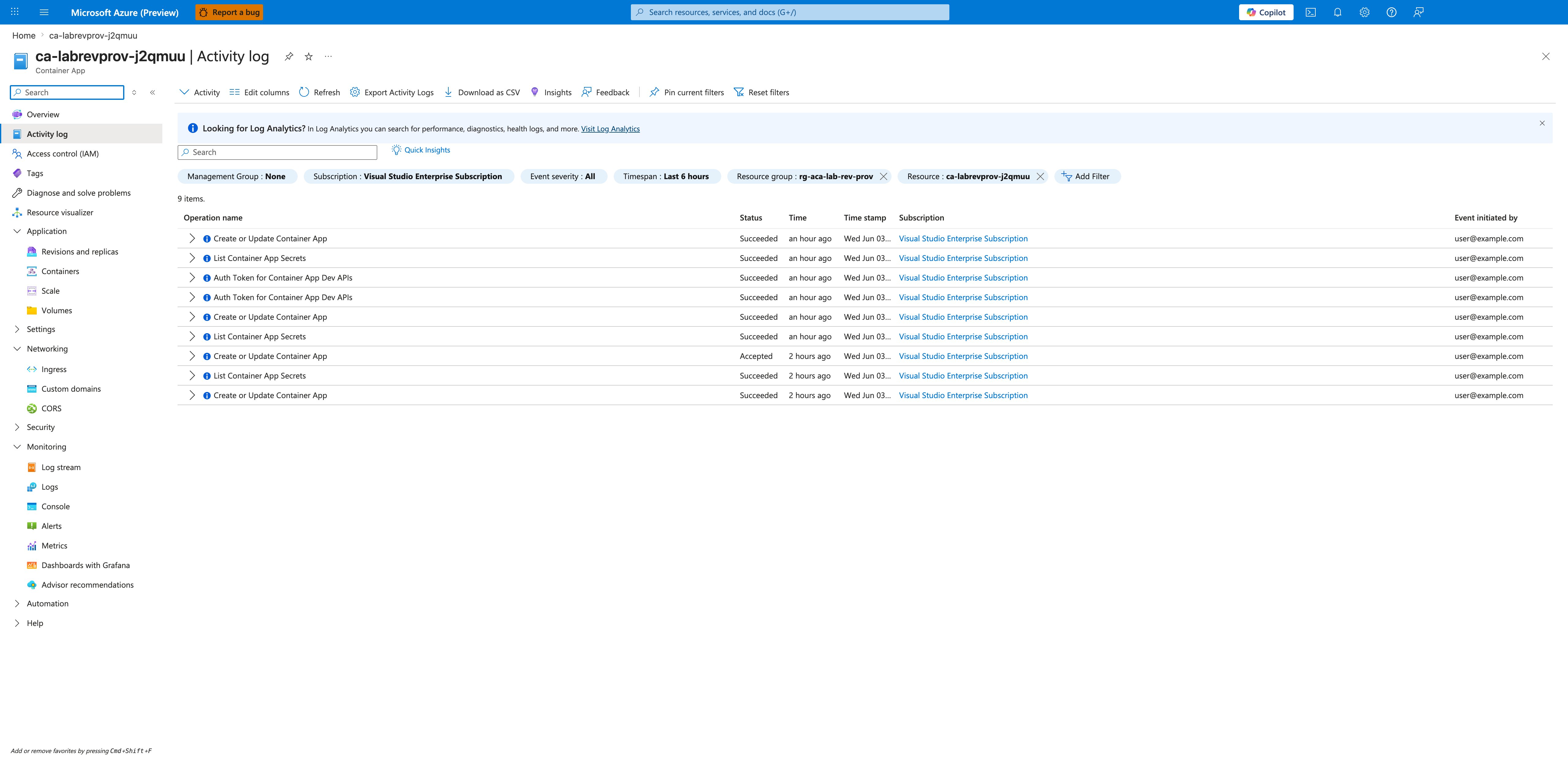 Activity log showing Create or Update Container App events