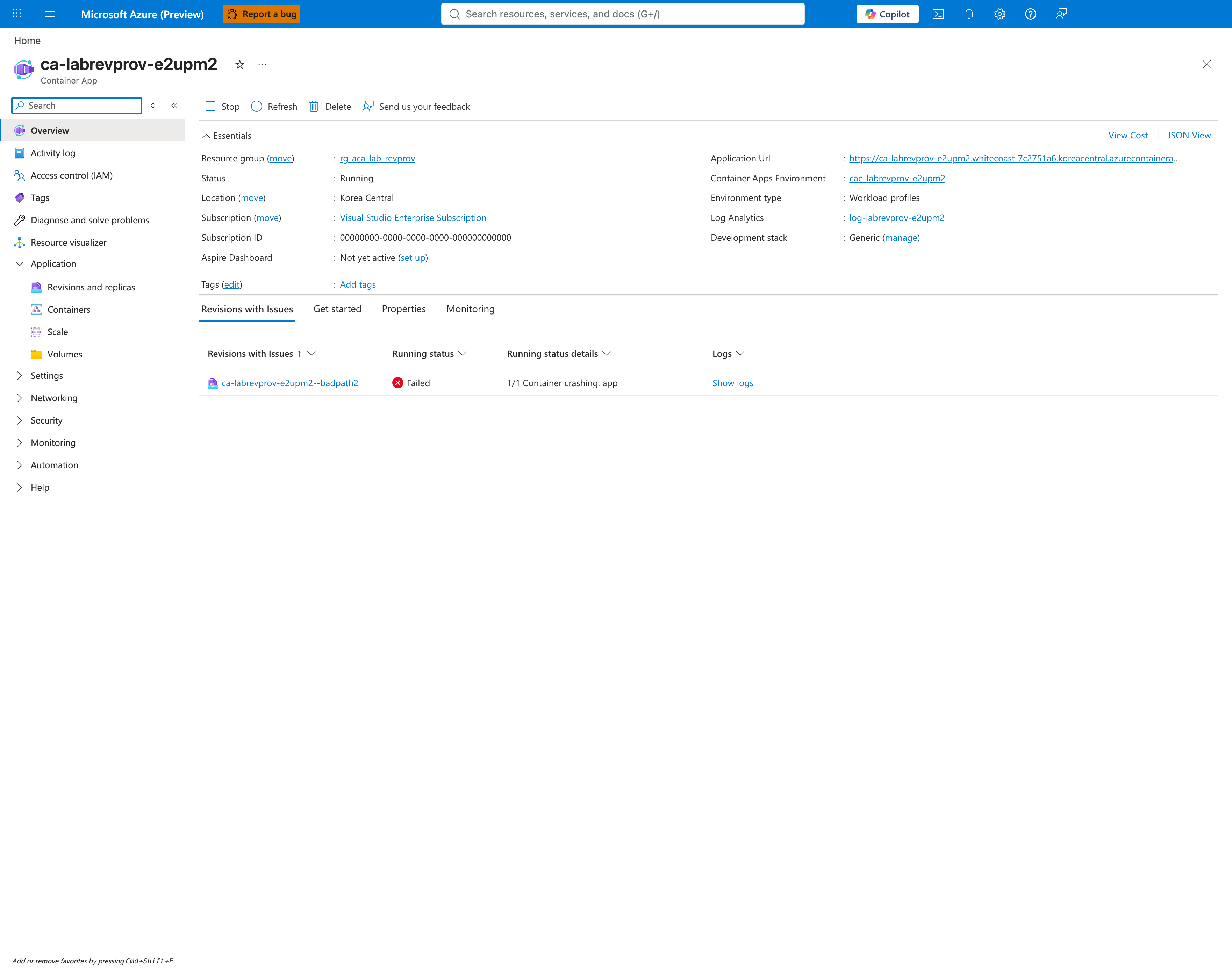 Container App overview showing failure state