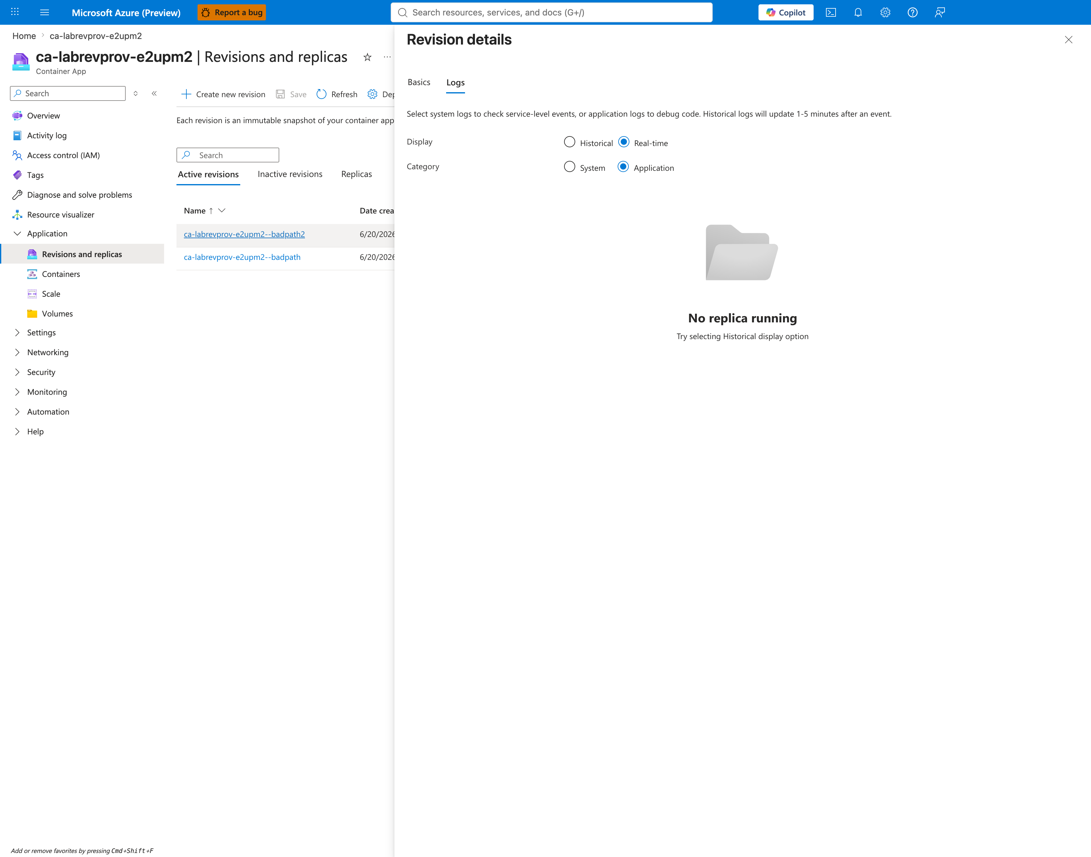Revision detail Logs tab — Real-time Application shows No replica running