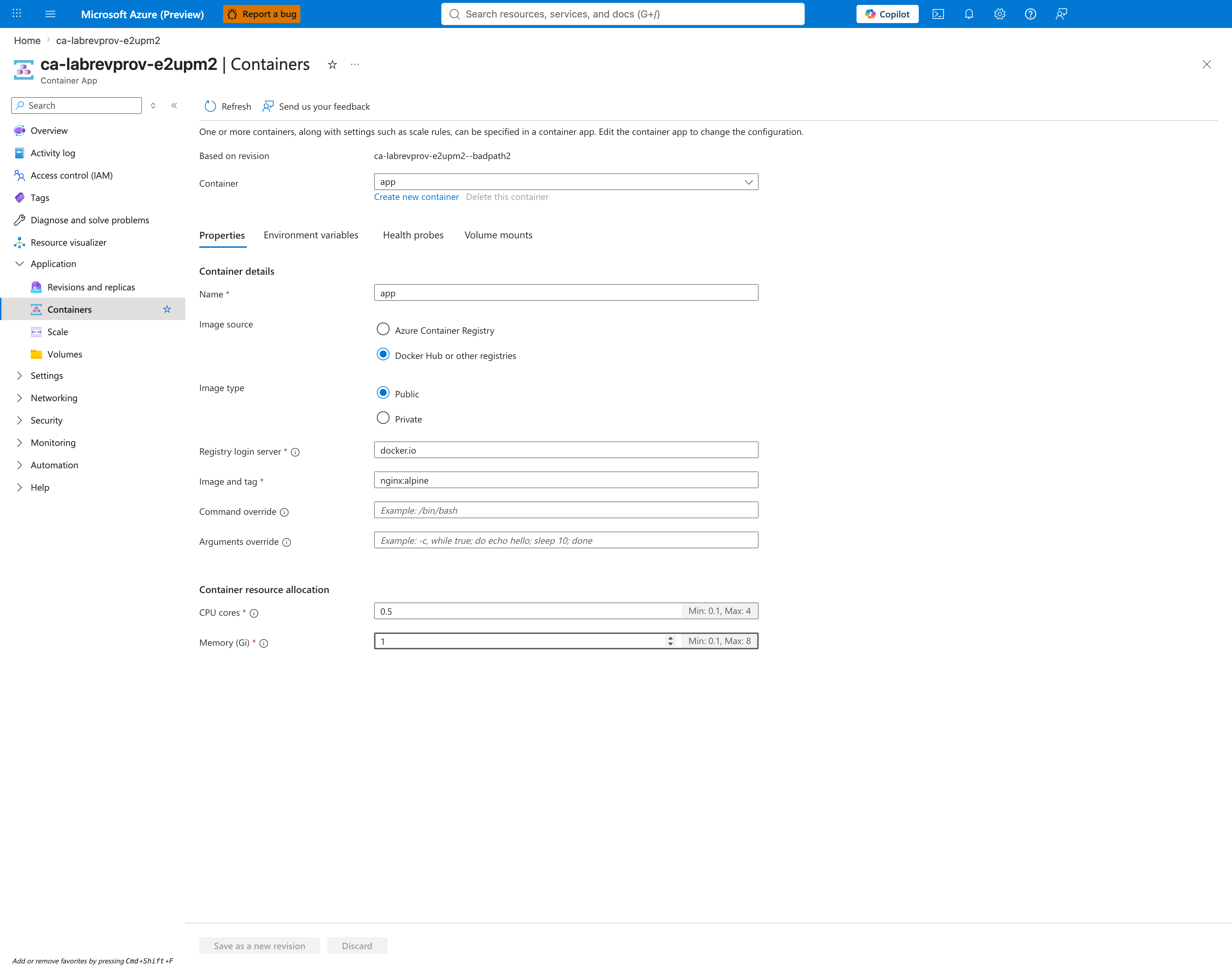 Containers blade showing nginx:alpine image on failed revision