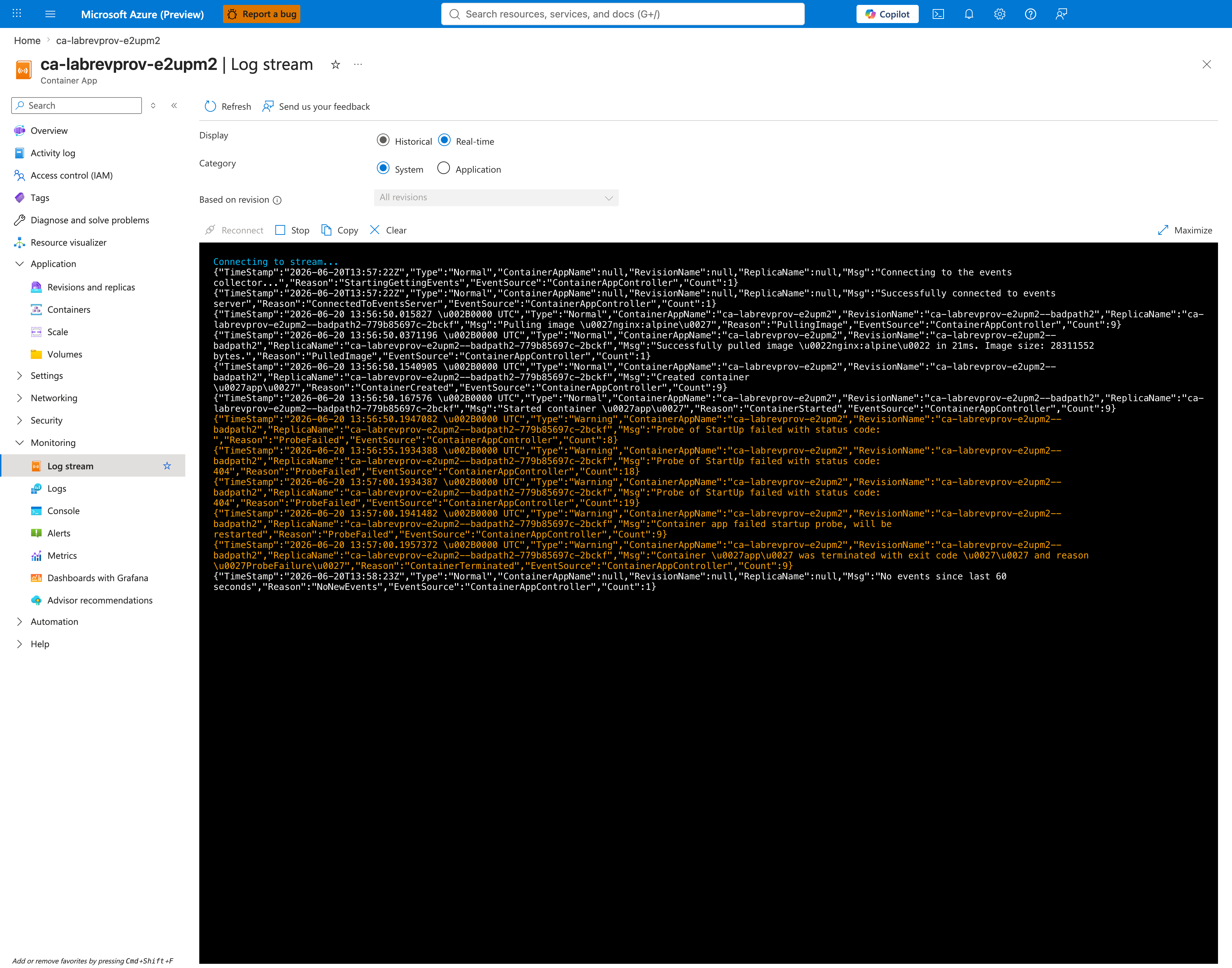 System log stream realtime showing platform lifecycle events