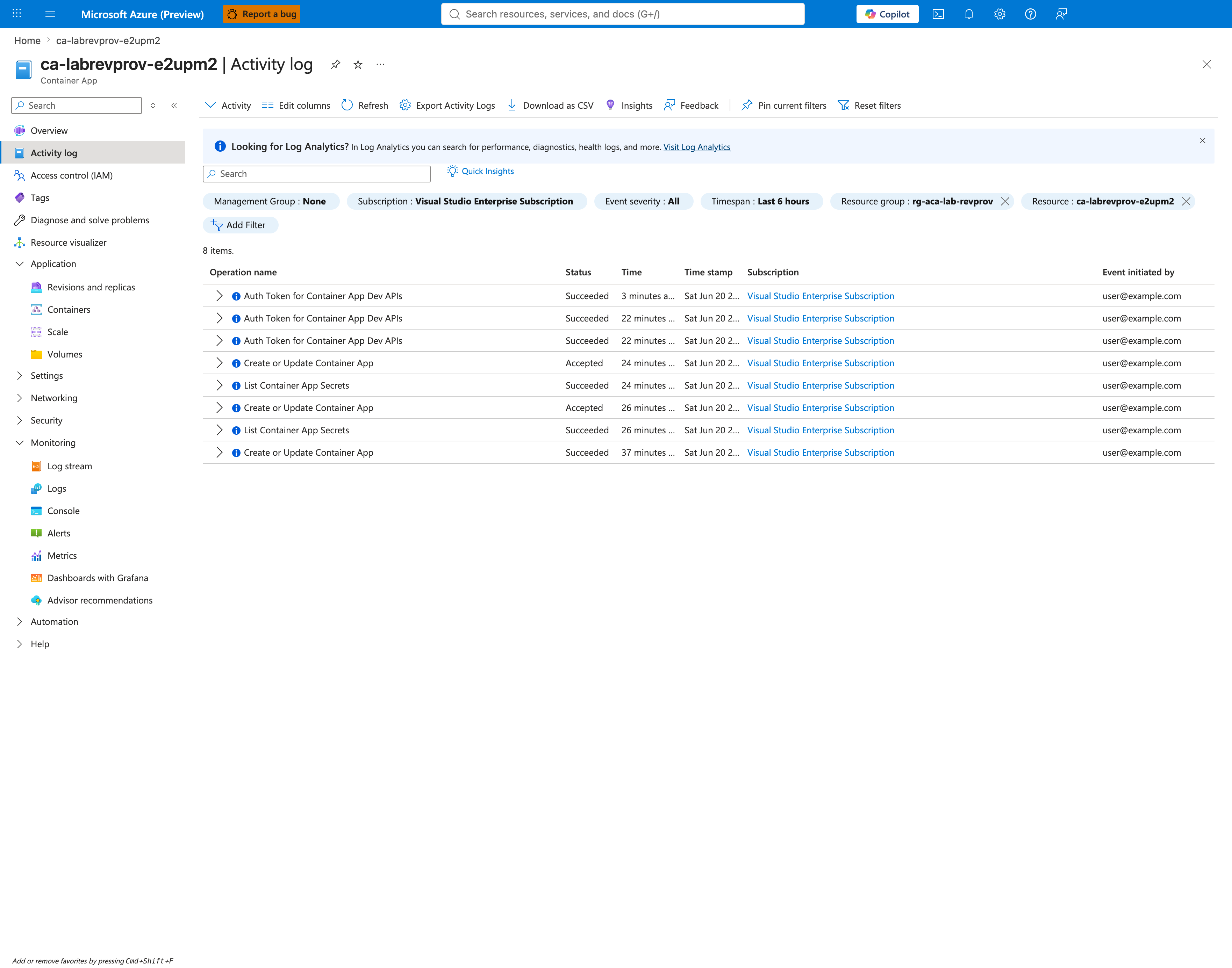 Activity log showing deployment events