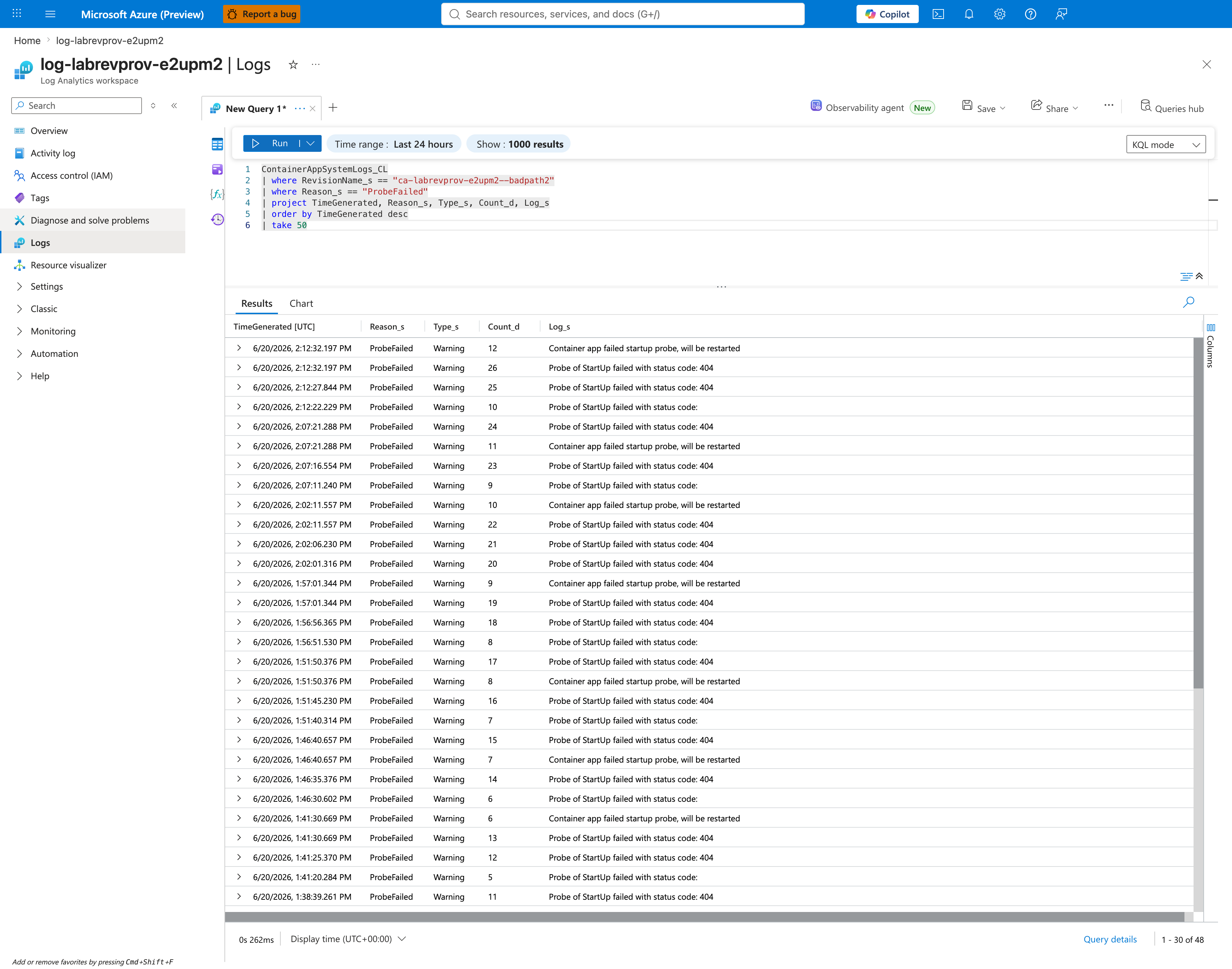 KQL ProbeFailed query returning 56 events