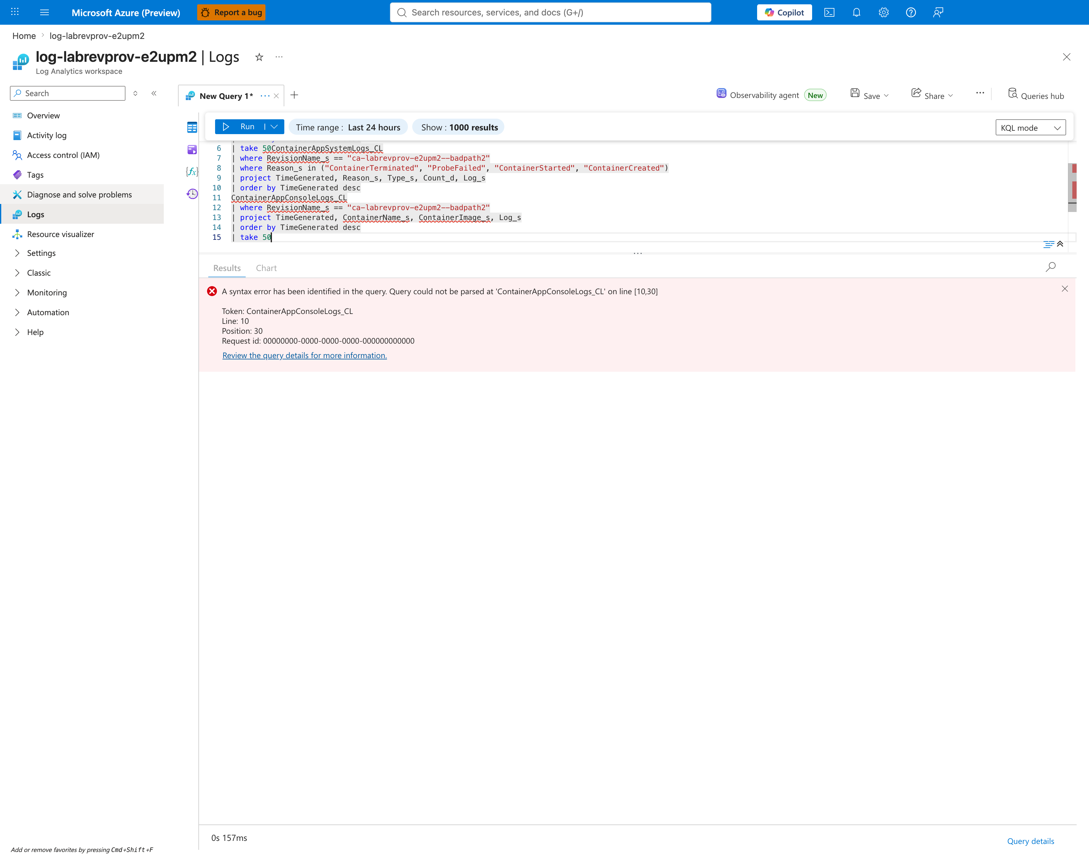 KQL Logs editor showing the syntax error from stacking two queries without a blank-line separator