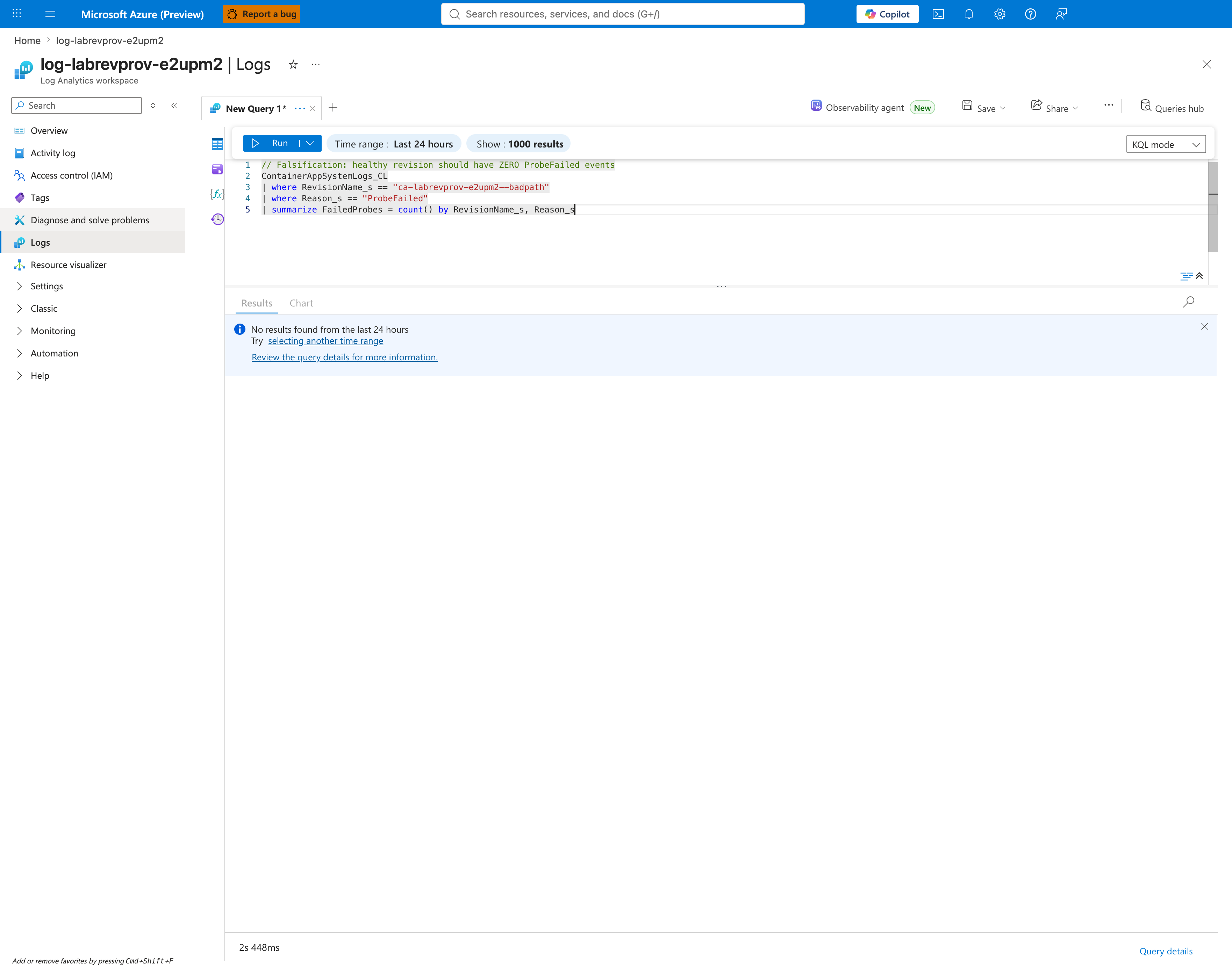 KQL falsification showing healthy revision has zero ProbeFailed events