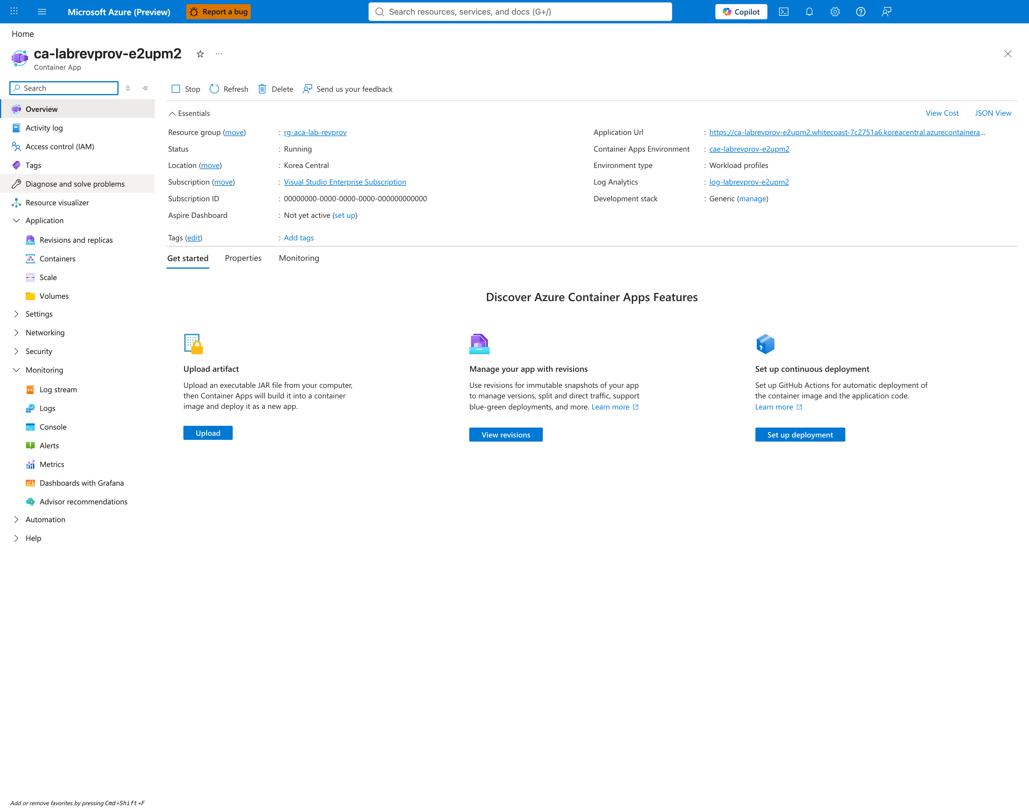 Container App overview after recovery showing Running status
