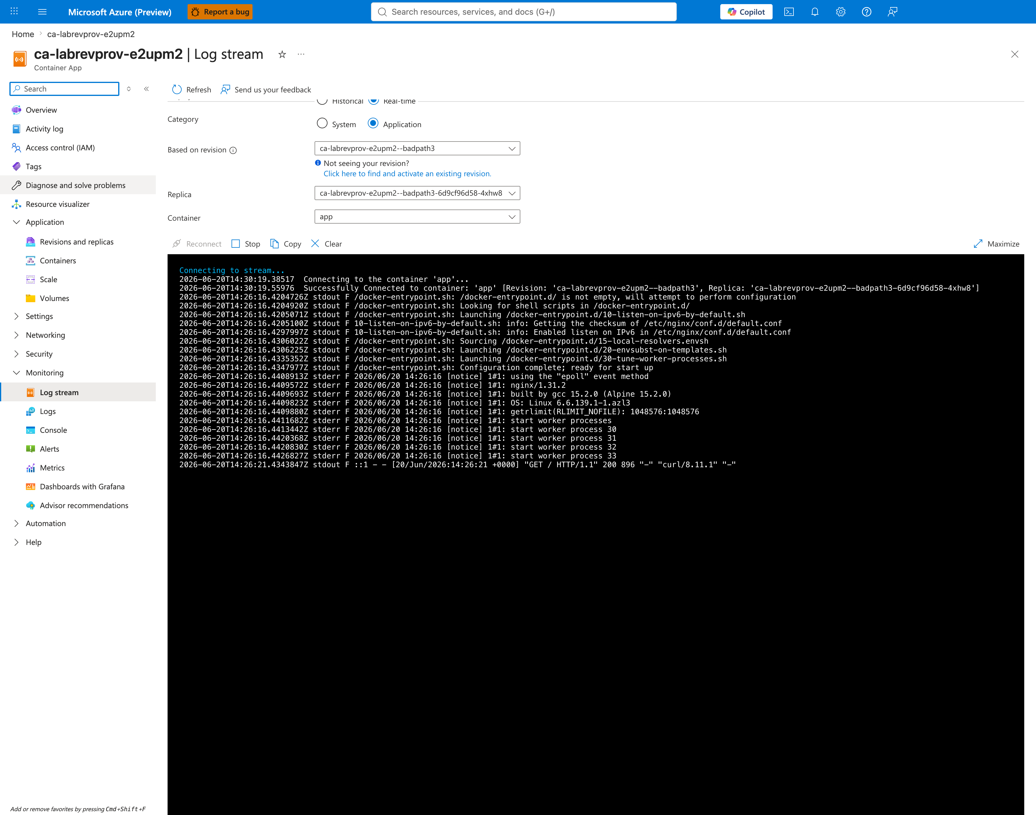 Log stream Application category for the recovered badpath3 revision showing clean nginx output