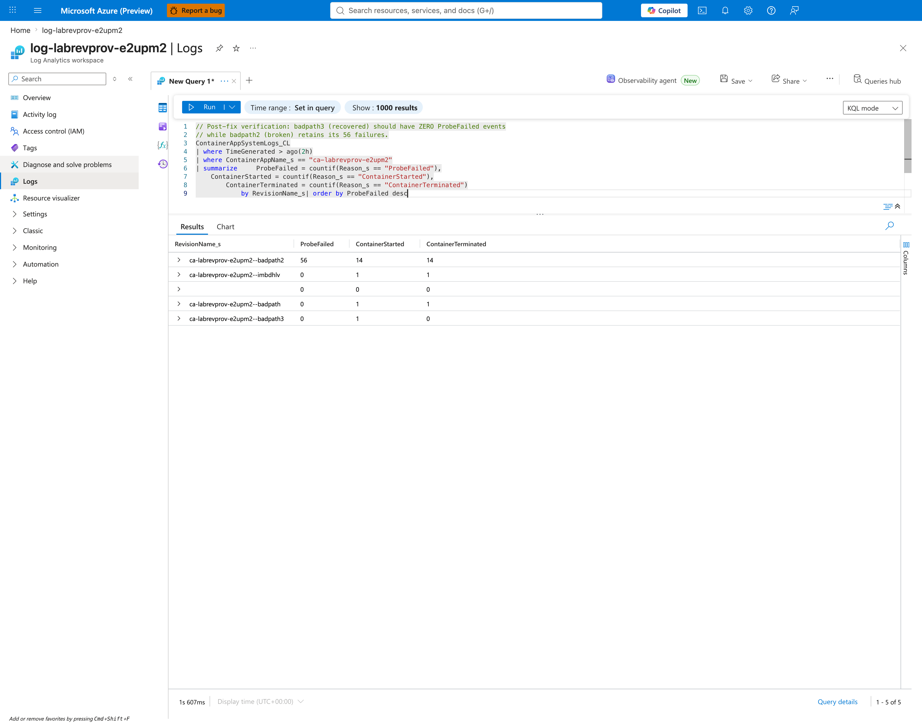 KQL post-fix verification: badpath3 has zero ProbeFailed events while badpath2 retains 56