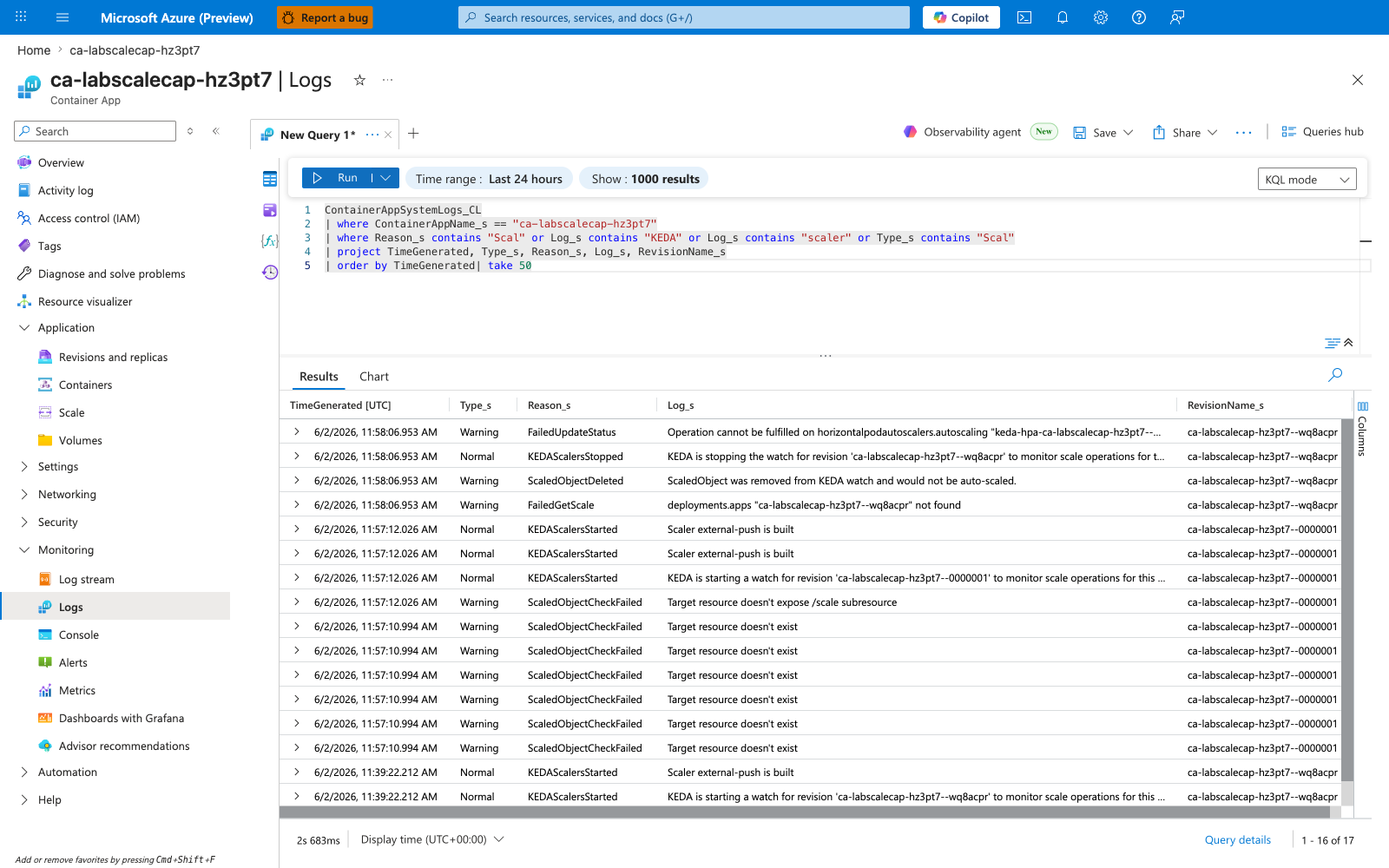 KEDA scaler events from ContainerAppSystemLogs_CL showing KEDAScalersStarted