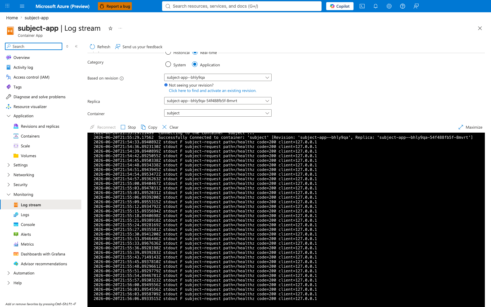 Subject app log stream baseline