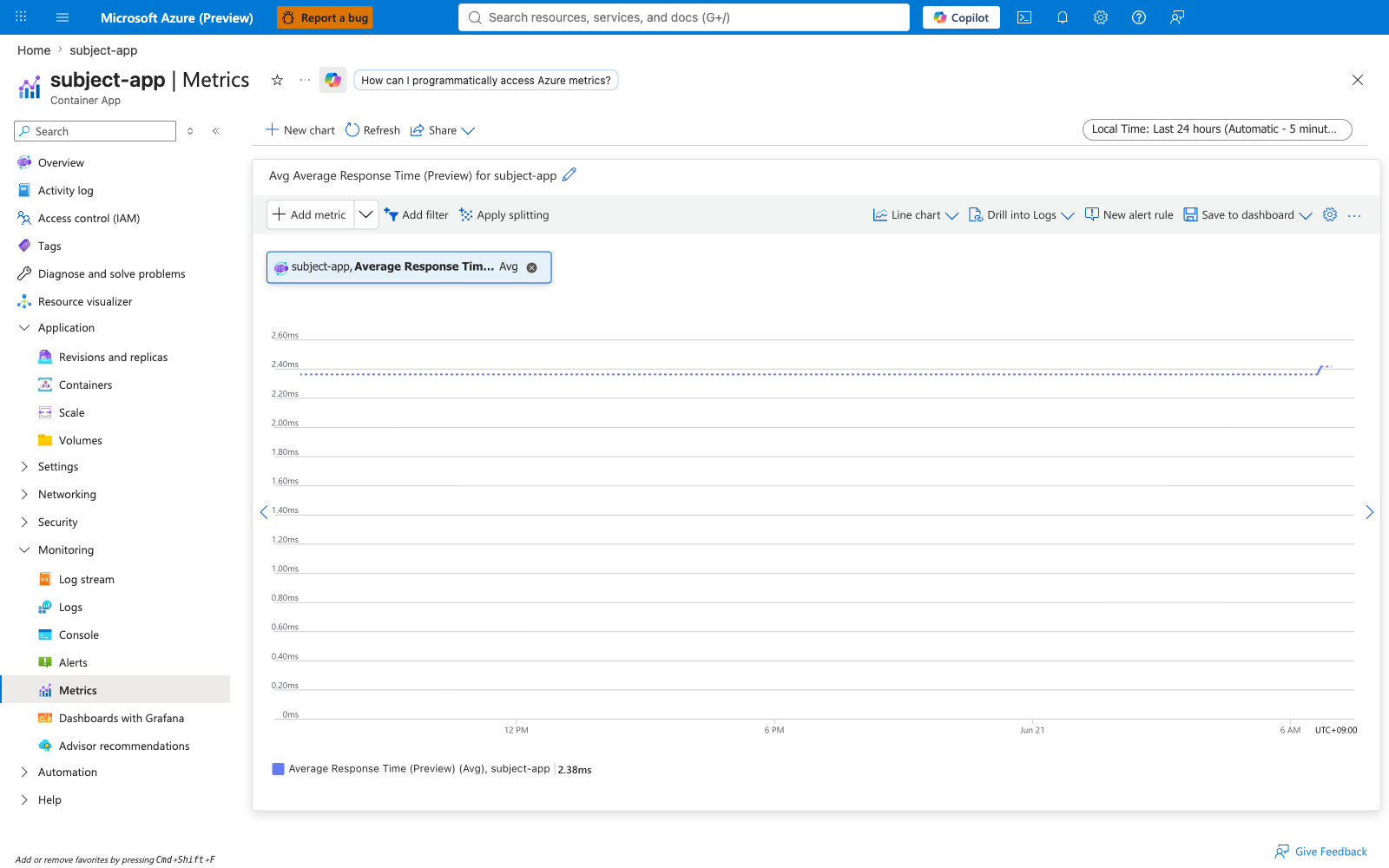 Subject app metrics response time baseline