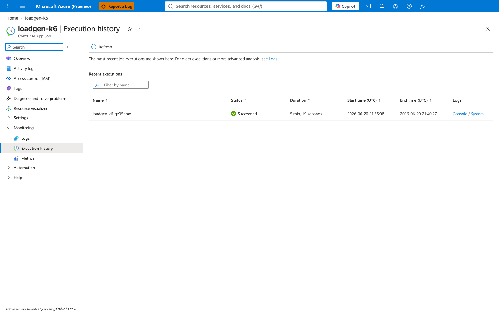 Loadgen-k6 baseline execution history
