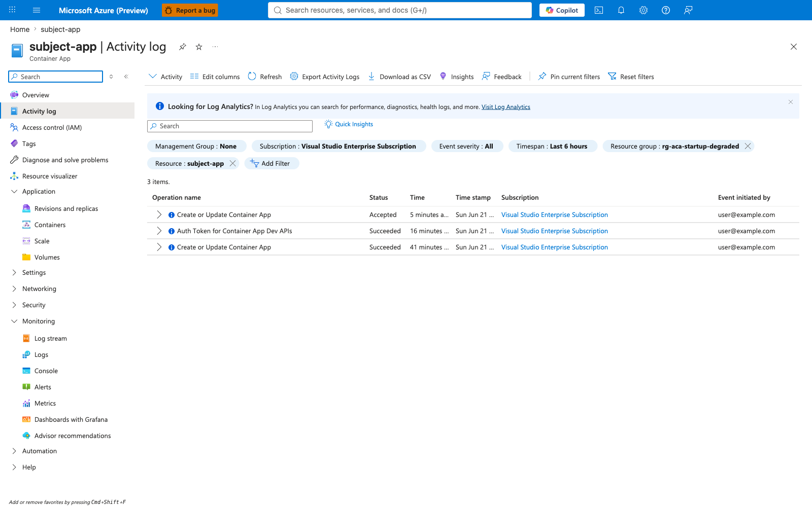 Subject app activity log during perturbation