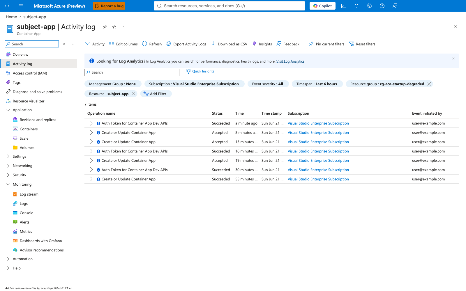 Subject app event logs post-perturbation