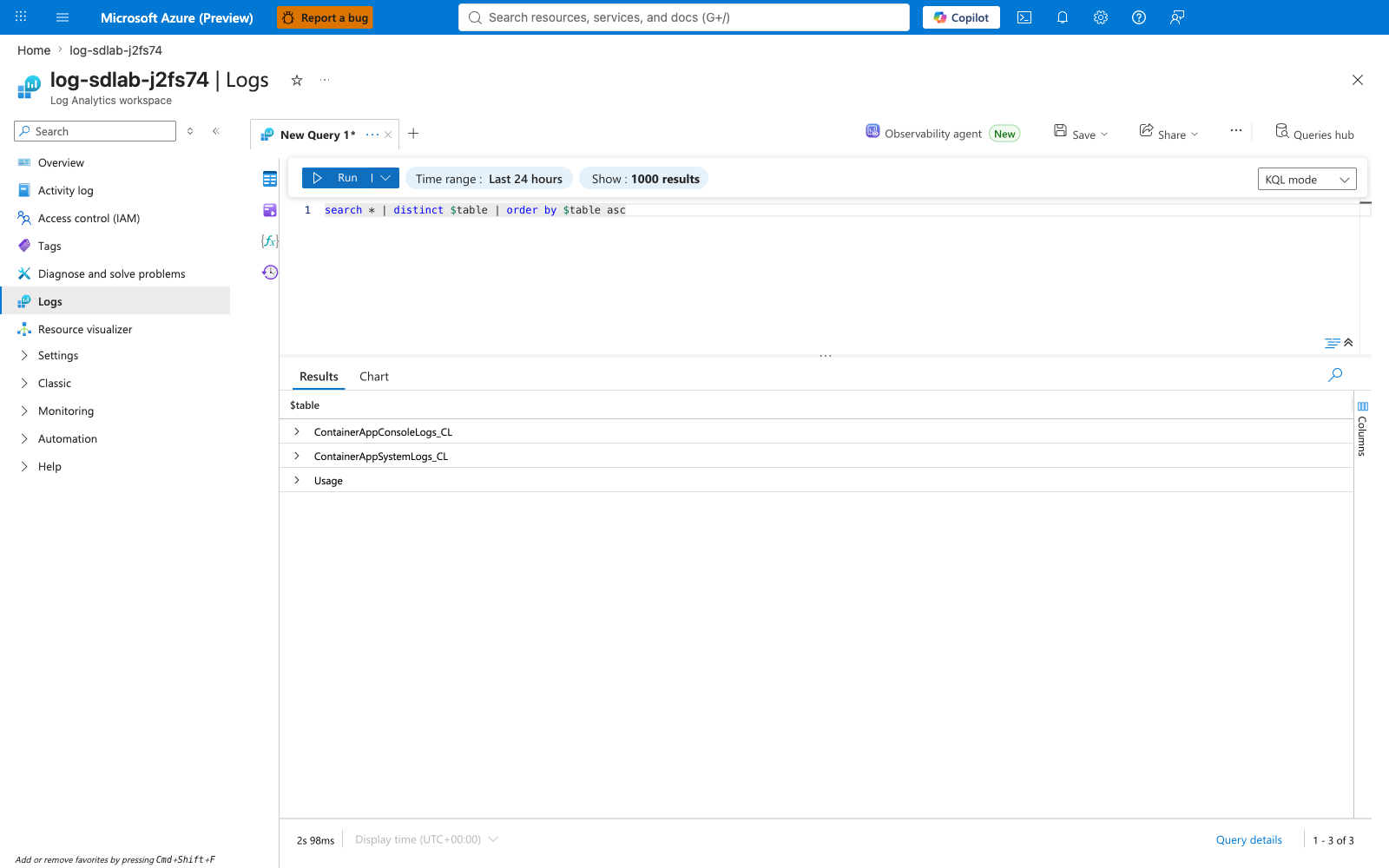 LAW Logs tables list — Custom Tables Gap