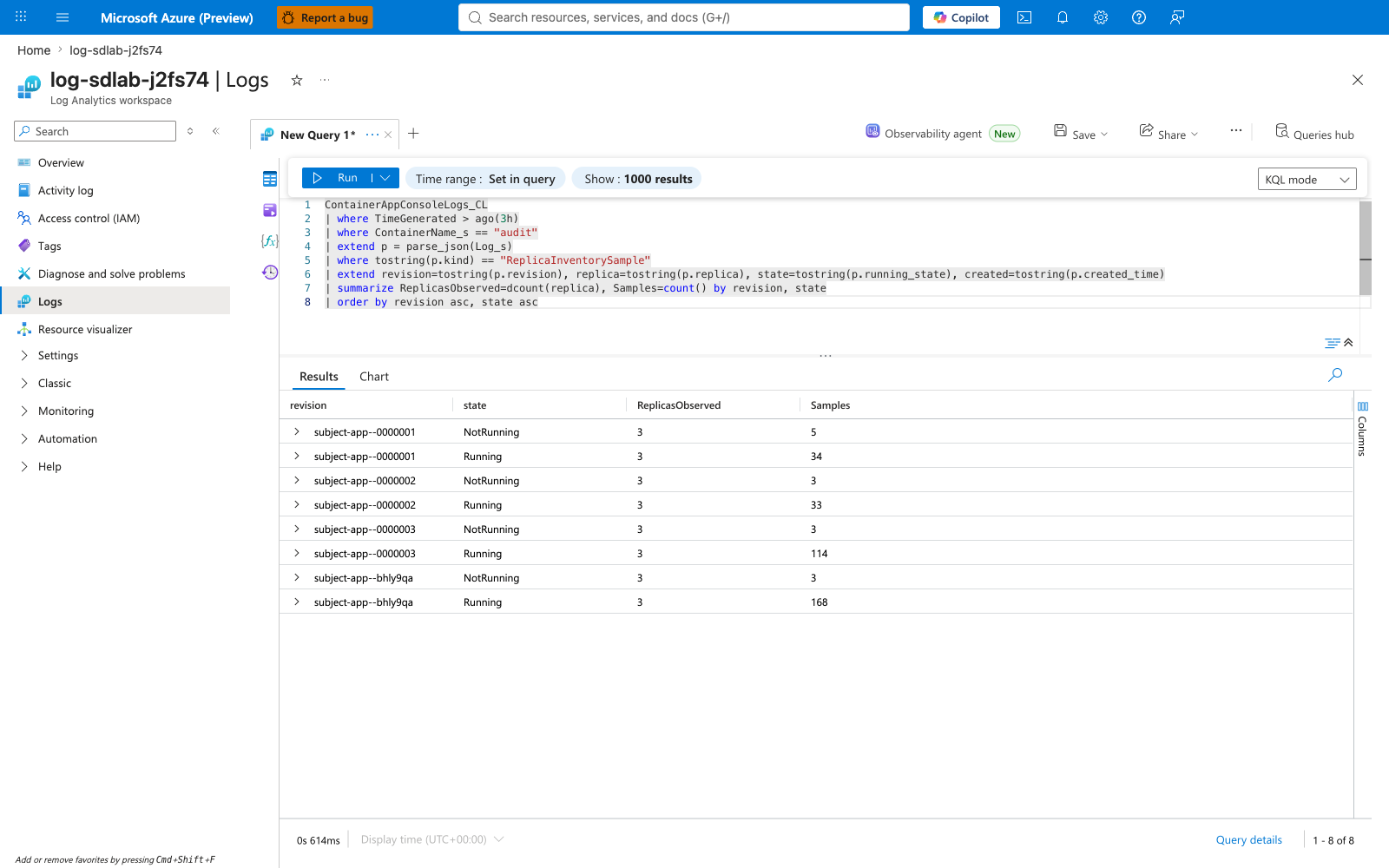 LAW Logs audit ReplicaInventory summary