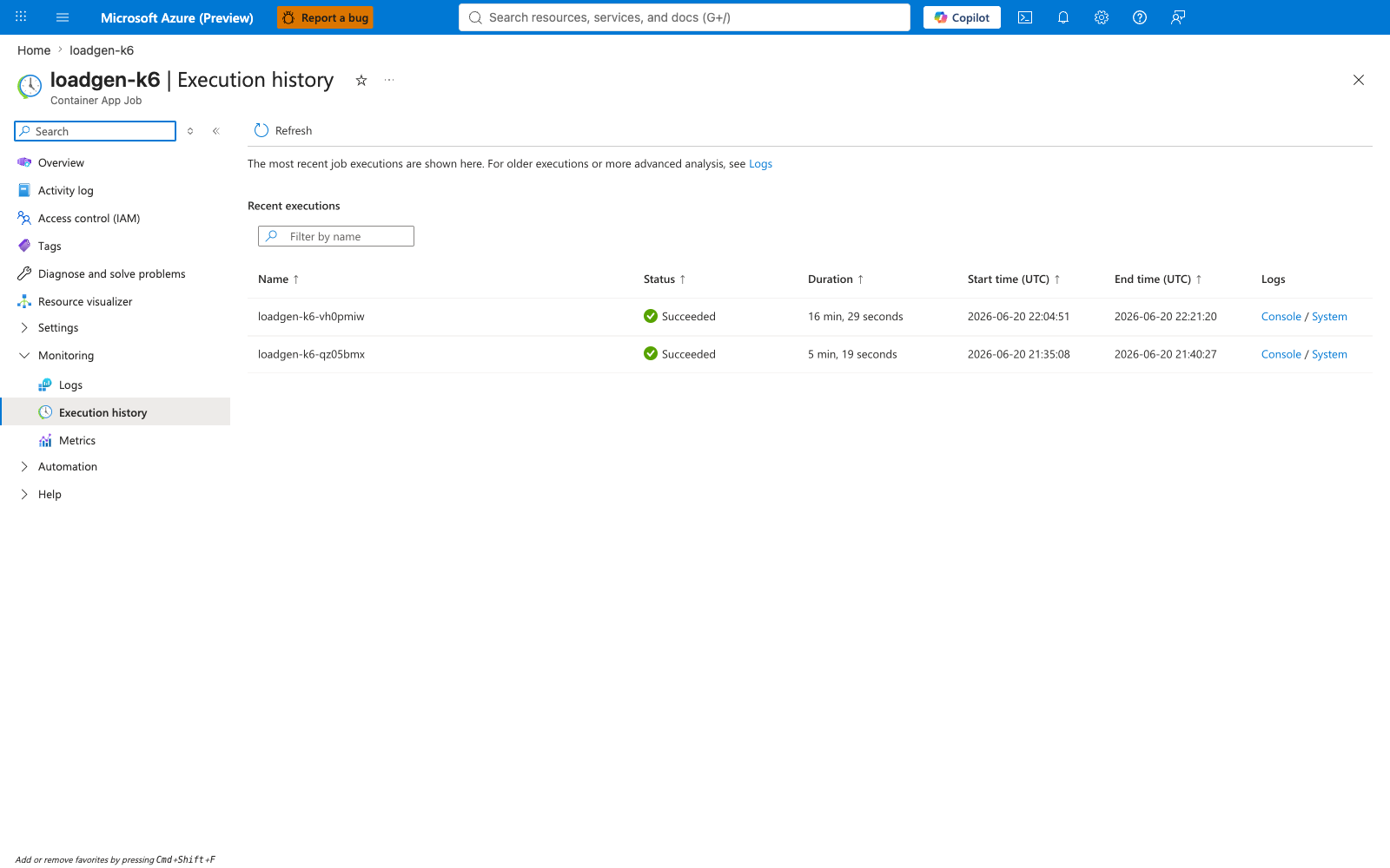 Loadgen-k6 execution history