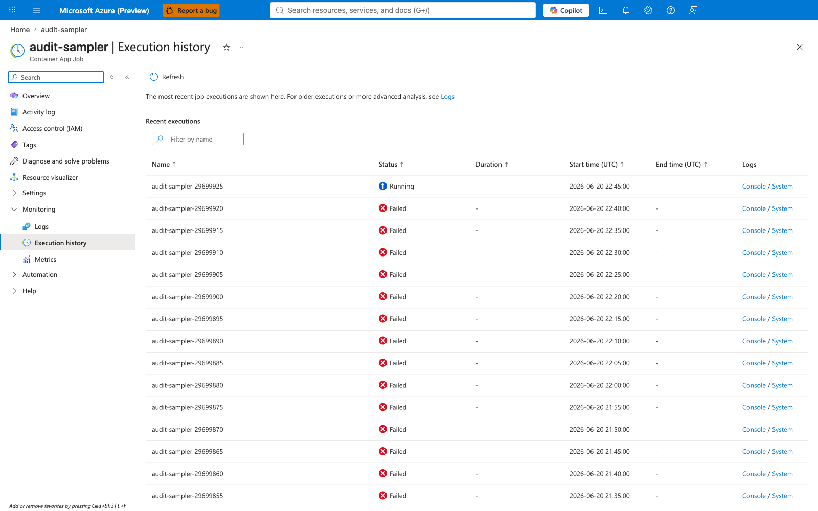 Audit-sampler execution history