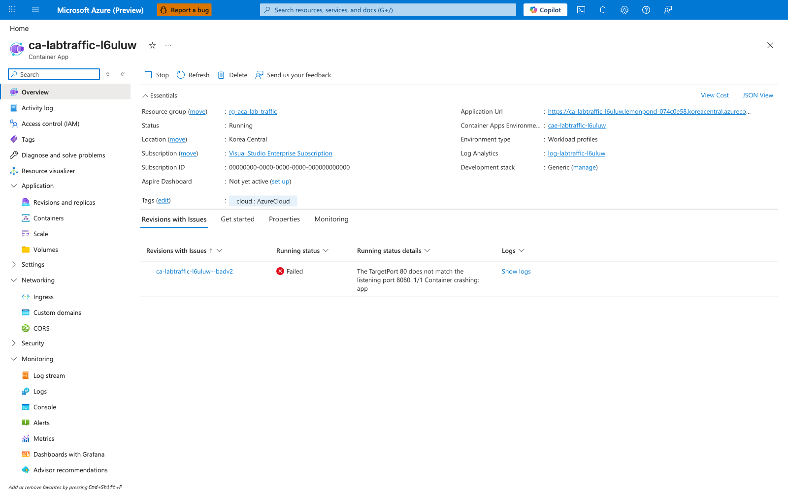 Container App Overview blade showing the Revisions with Issues tab with the TargetPort/listening port mismatch error for badv2