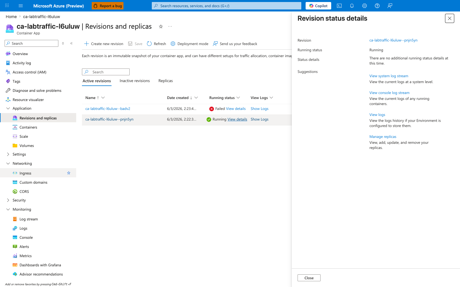 Revision status details flyout for pnjn5yn showing Running with empty Status details