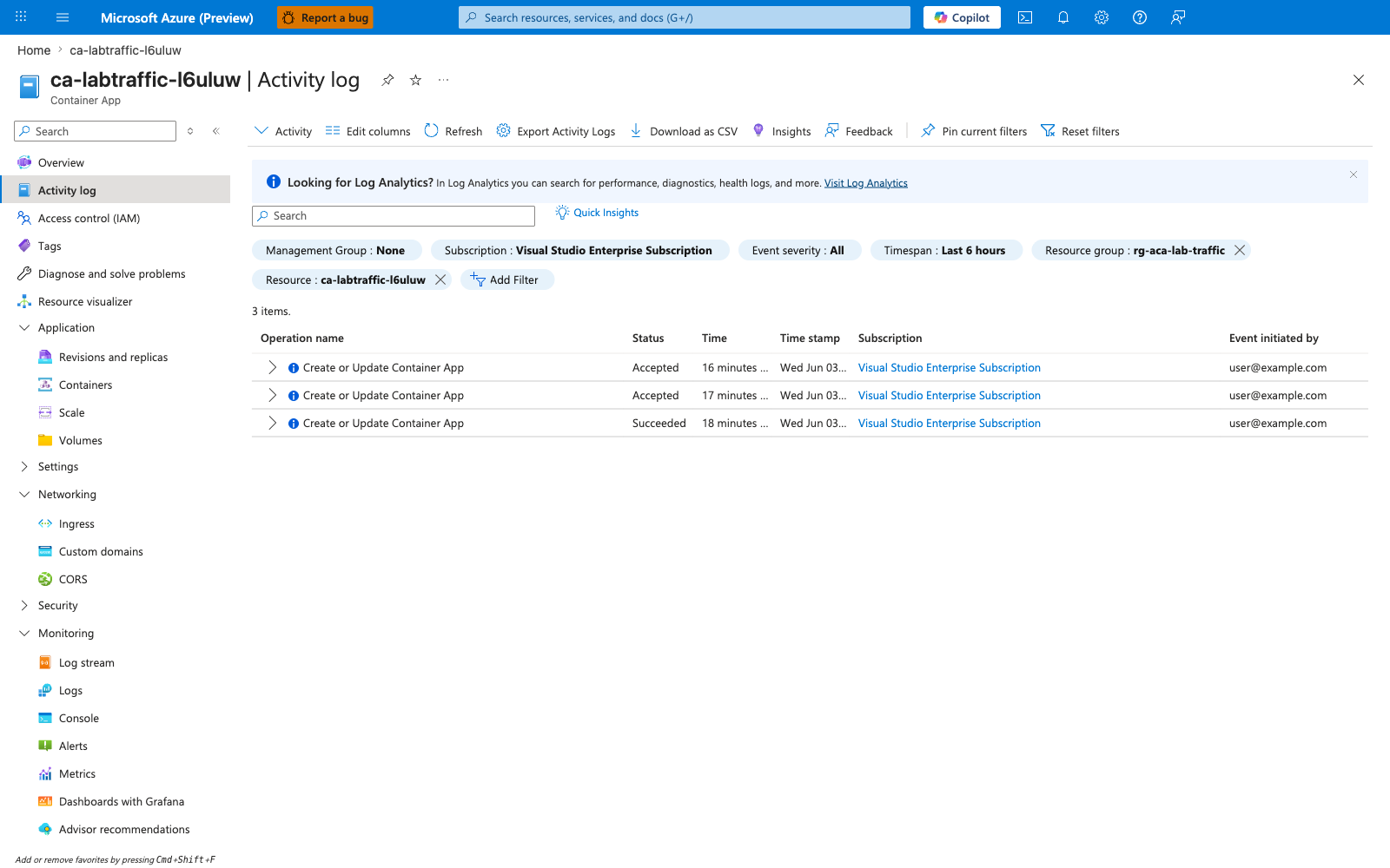 Activity log showing three Create or Update Container App operations within an 18-minute window