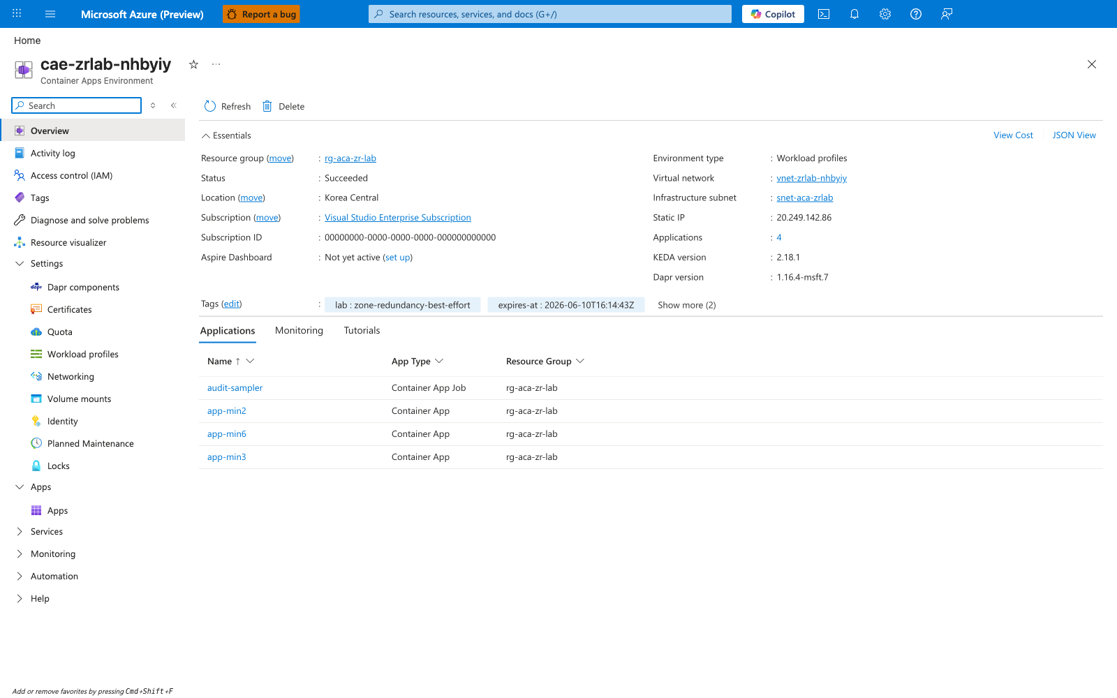 Container Apps environment Overview blade showing zone-redundant status alongside the koreacentral region