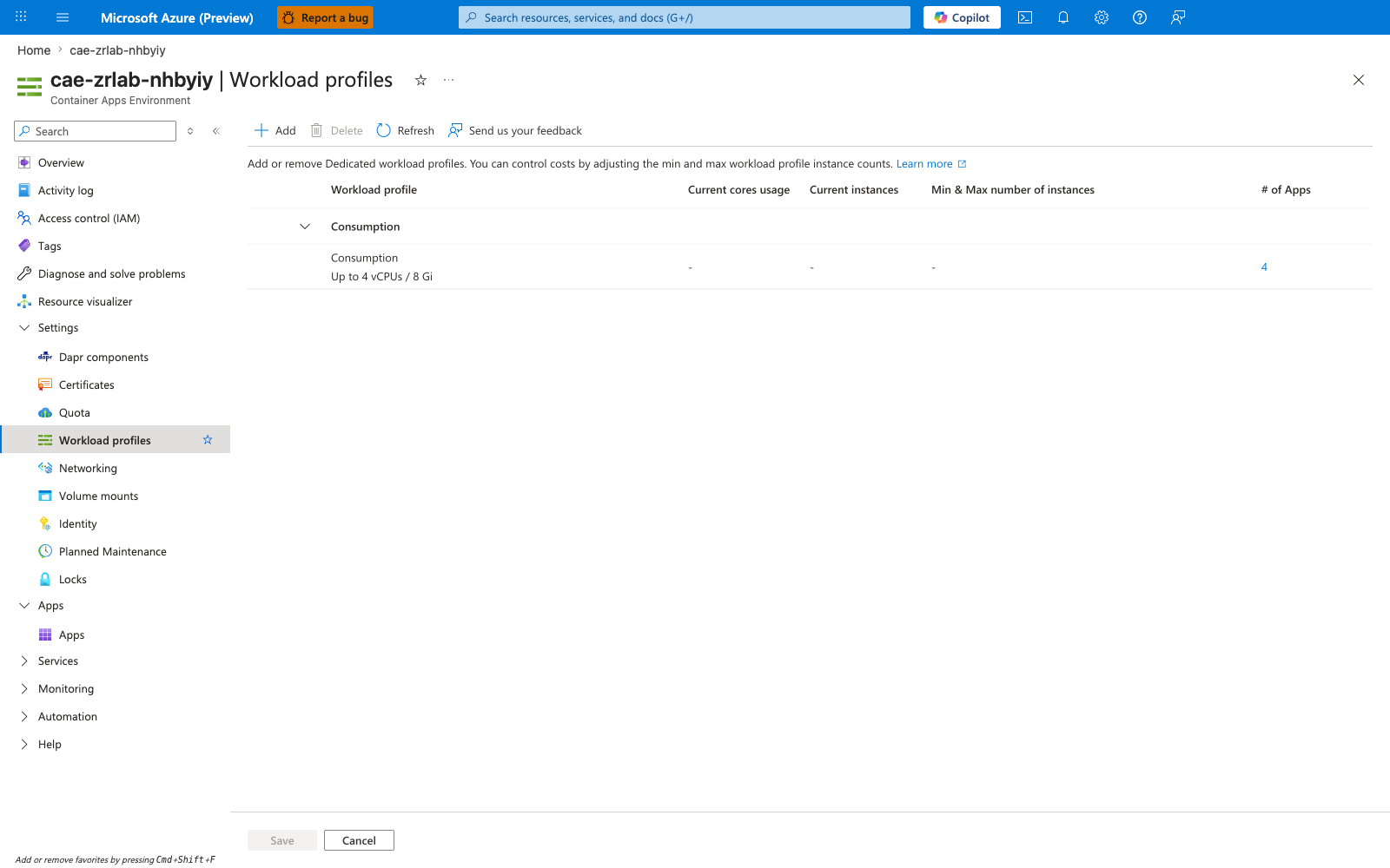 Container Apps environment Workload profiles tab showing the Consumption profile inside the workload-profile environment