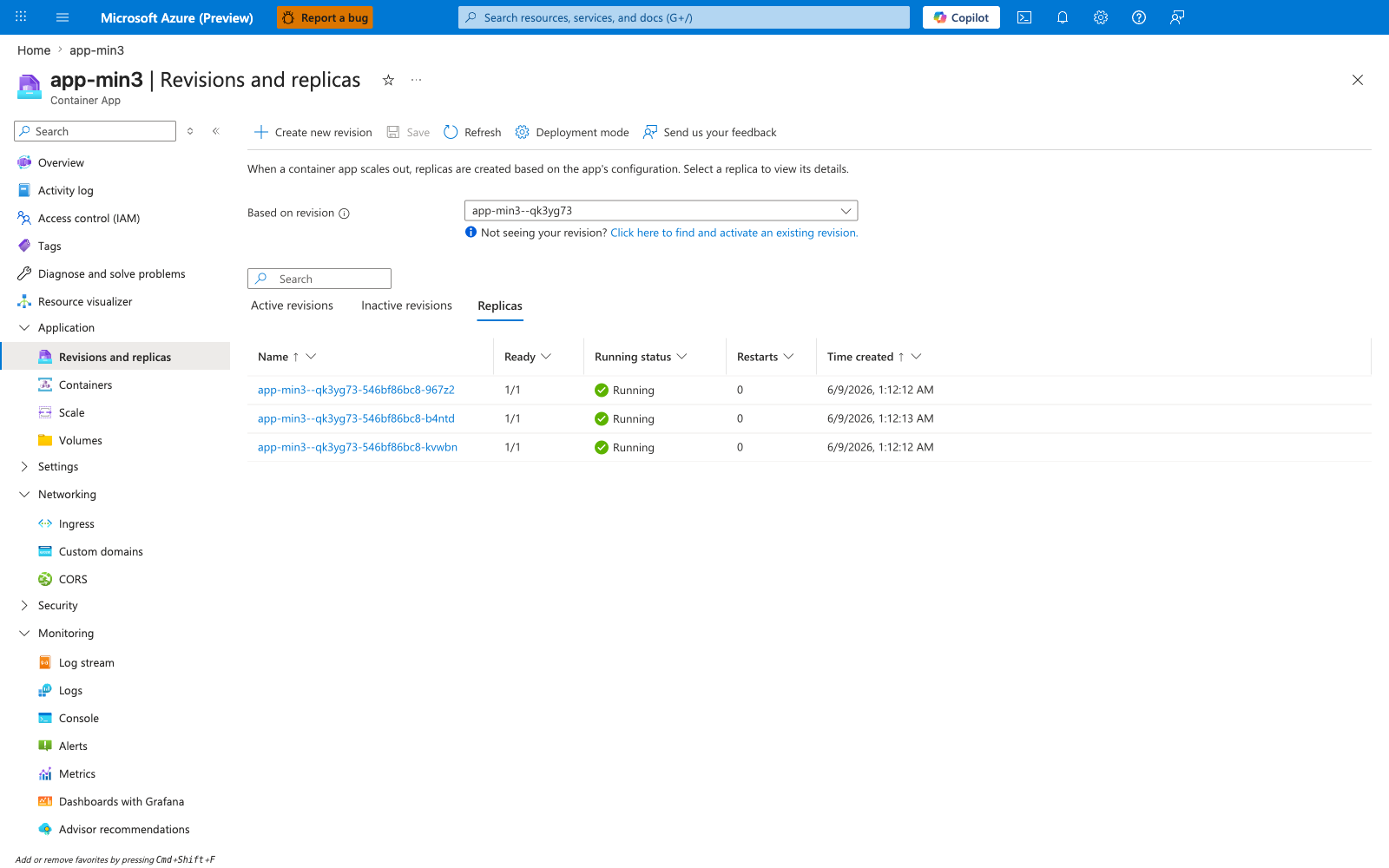 app-min3 Revisions and replicas tab showing 3 replicas under one active revision in Running state