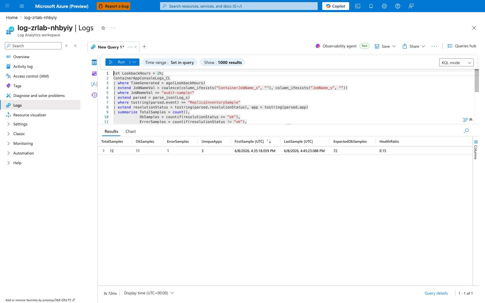 Log Analytics Logs editor running Q1 ingestion-check query and returning HealthRatio near 1.0