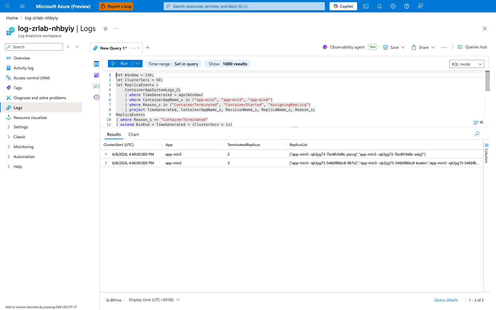 Log Analytics Logs editor running Q3 clustered-churn query and returning the perturbation row for app-min3