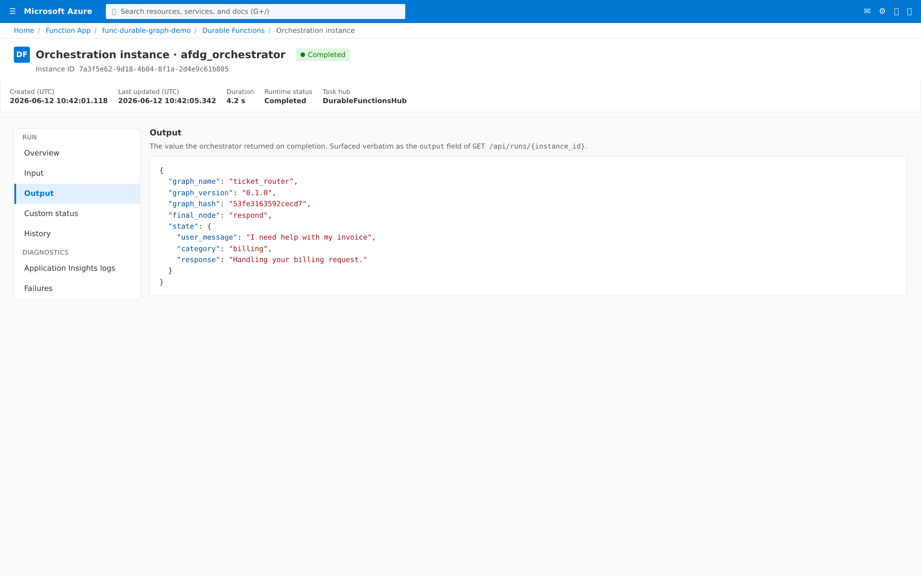 Orchestration instance detail Output panel showing the orchestrator return value with graph_name="ticket_router", final_node="respond", and the final state