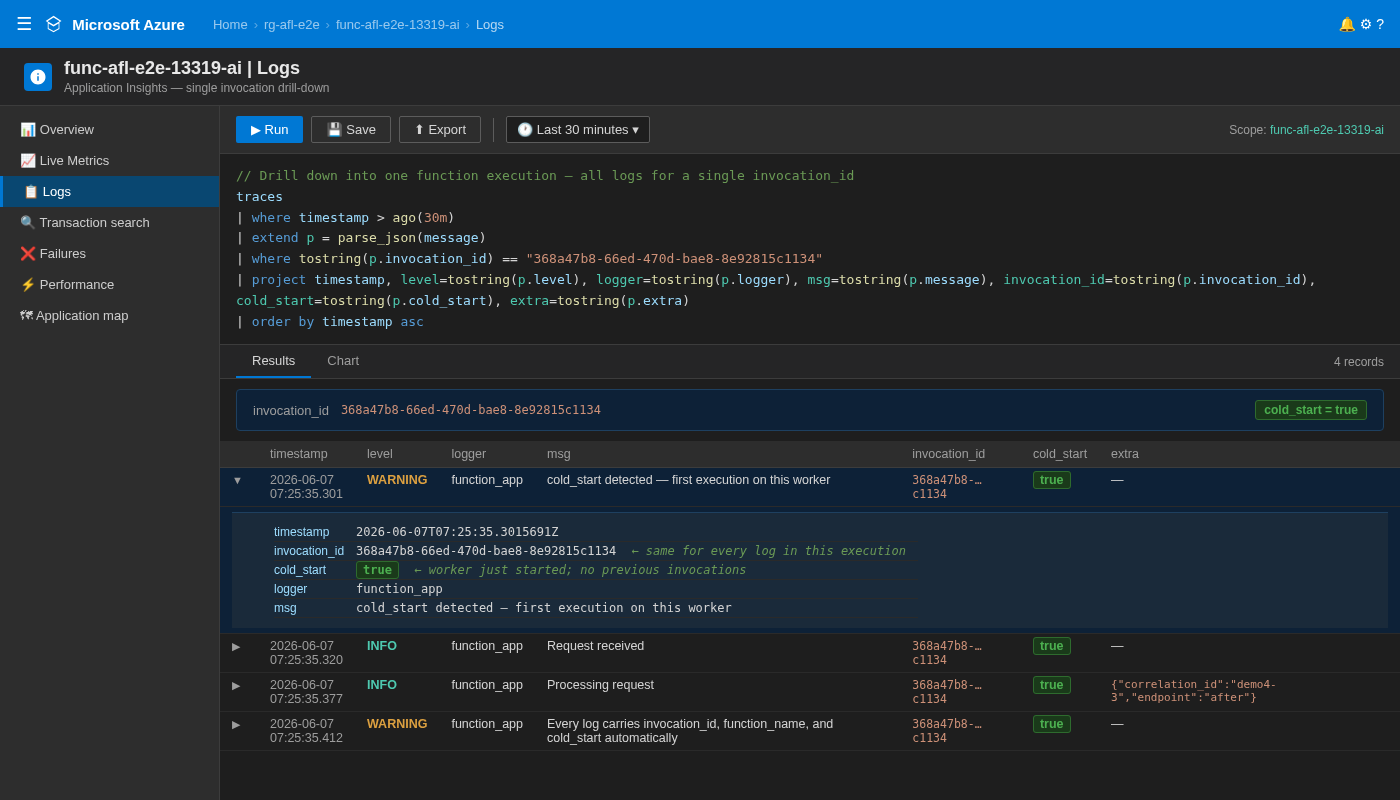 App Insights Logs — invocation drill-down