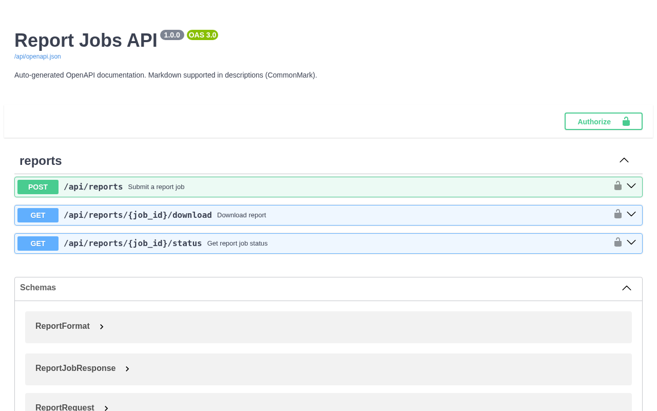 Swagger UI showing the Report Jobs API with three endpoints