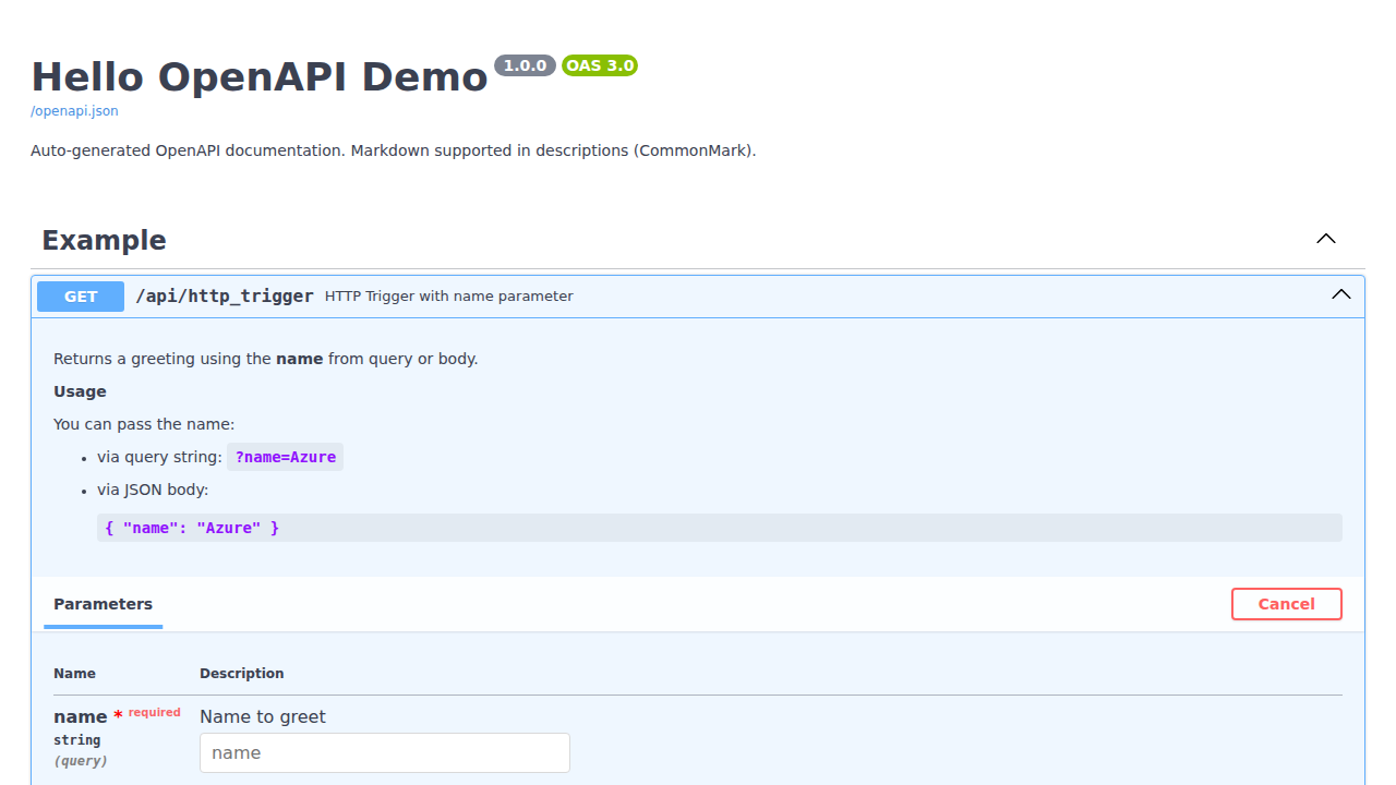 Swagger UI showing the Hello API with the greetUser GET operation, query parameter, and response schema