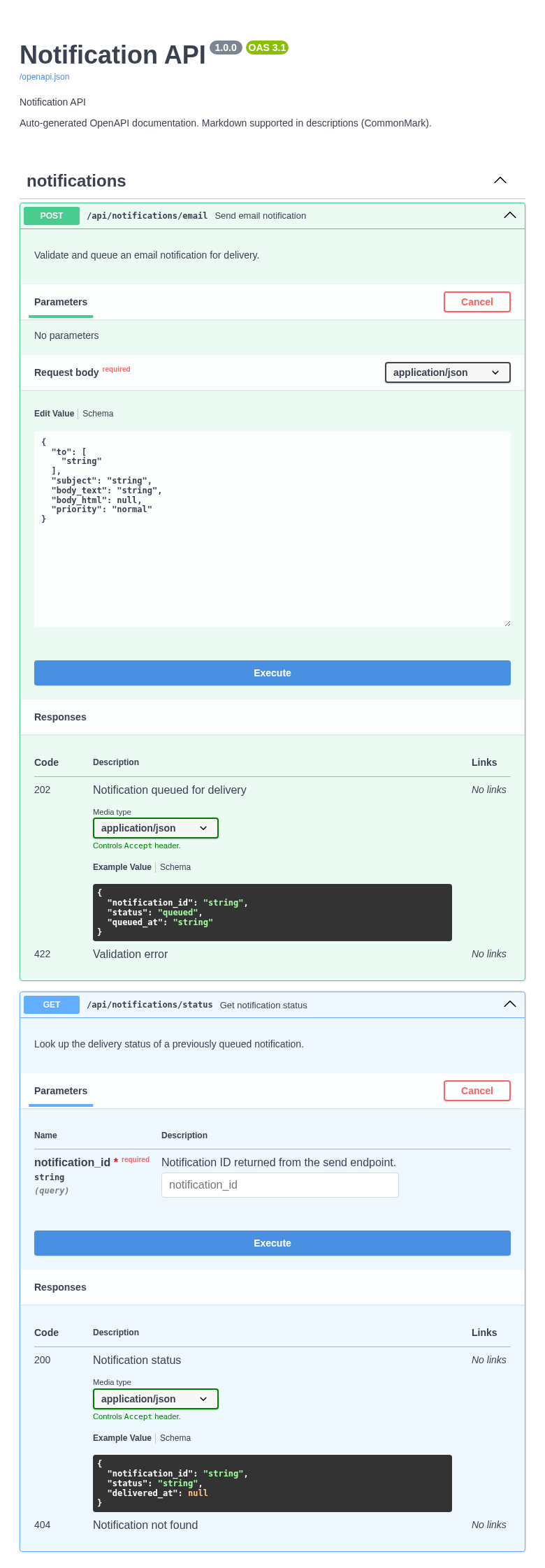 Swagger UI for the Notification API showing POST /api/notifications/email and GET /api/notifications/status both expanded