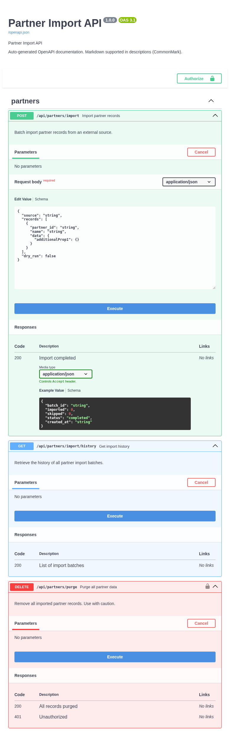 Swagger UI for the Partner Import API showing three operations grouped under the partners tag with an Authorize button for API key auth