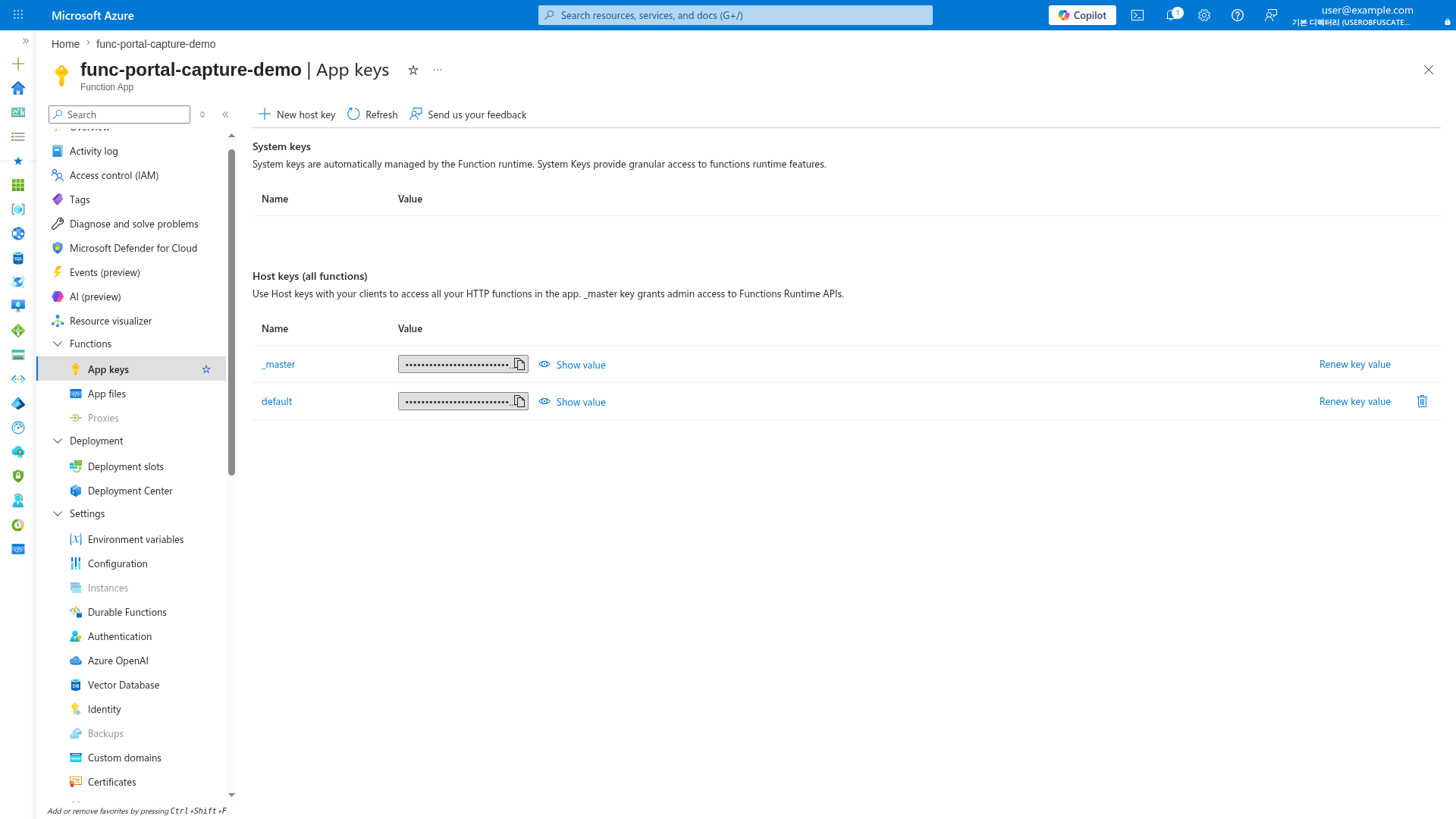 App keys blade showing master and default host keys