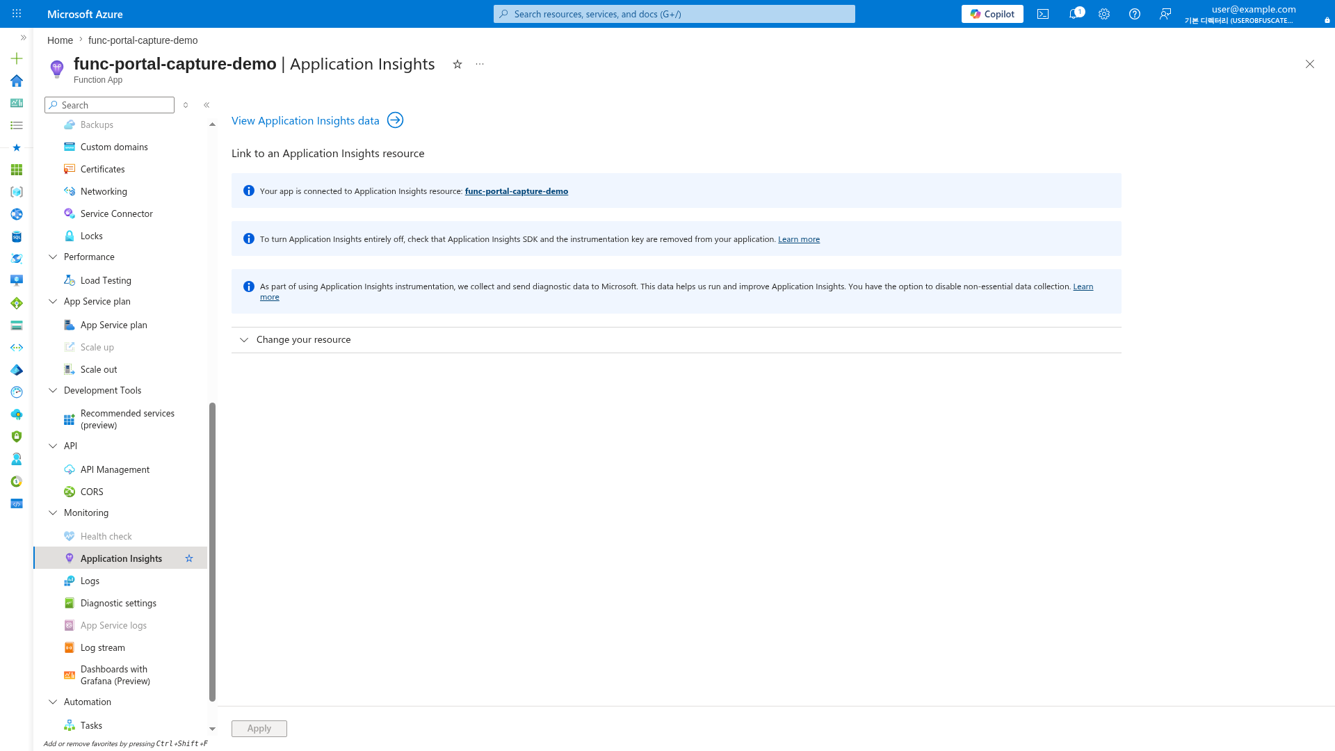 Application Insights blade showing linked resource