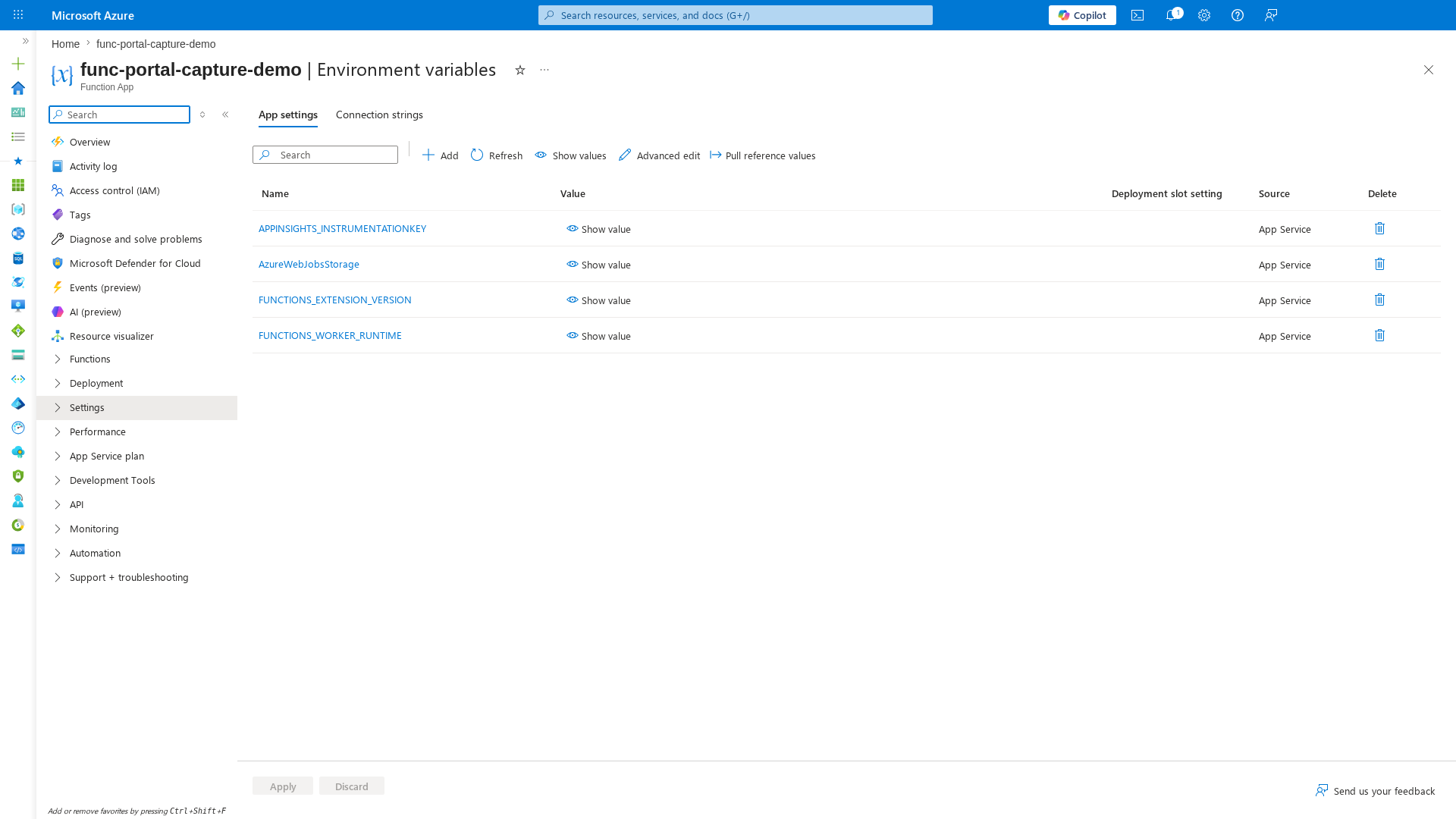 Environment variables blade showing app settings