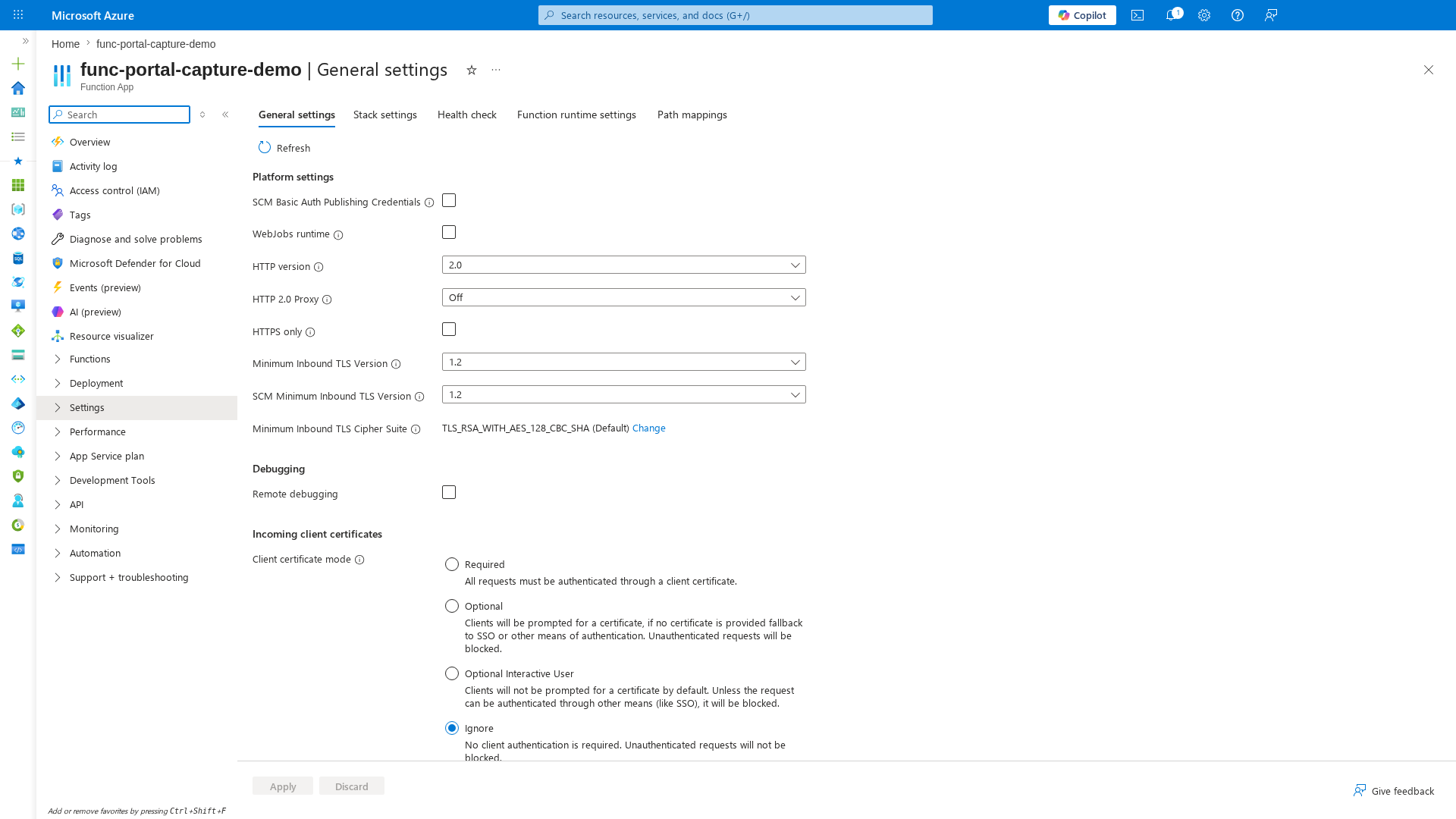 General settings blade showing TLS, HTTP, FTPS, and client certificate configuration