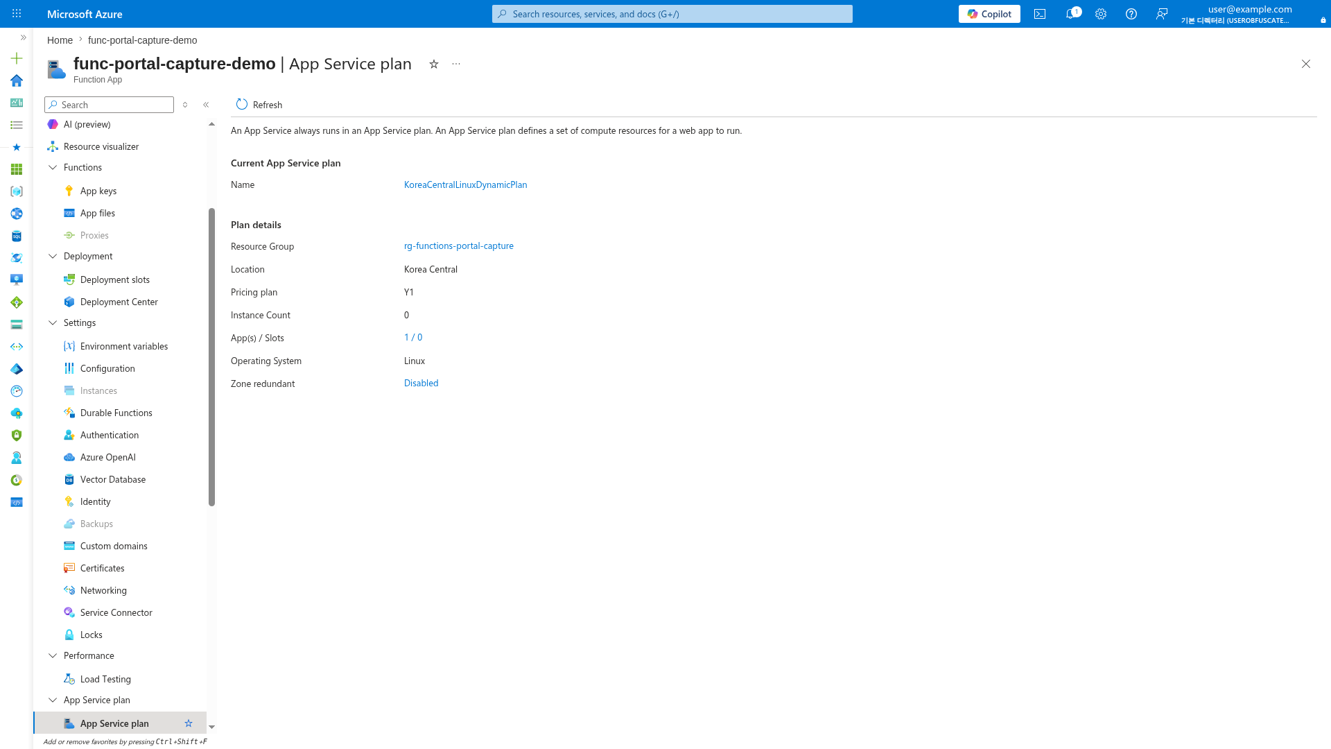 App Service plan blade showing Y1 Consumption with 0 instances