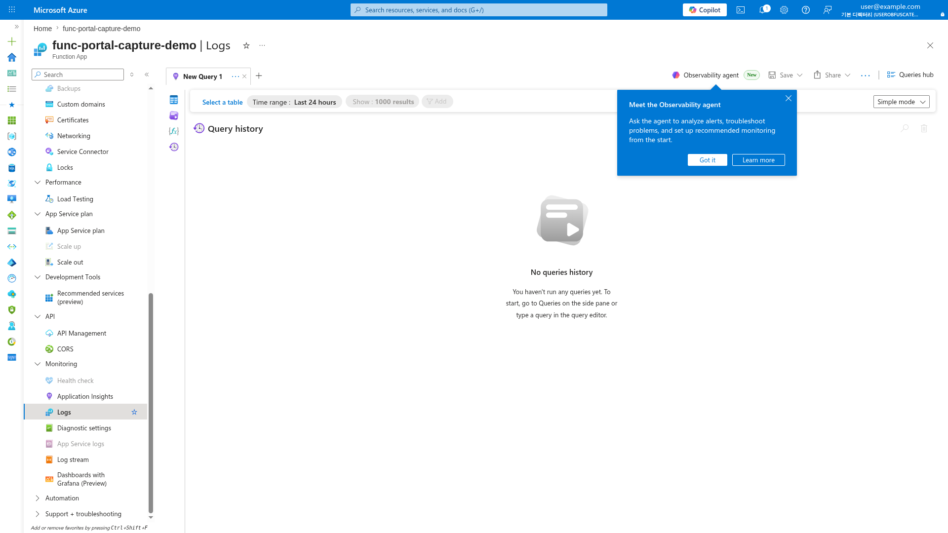Logs blade showing KQL query editor