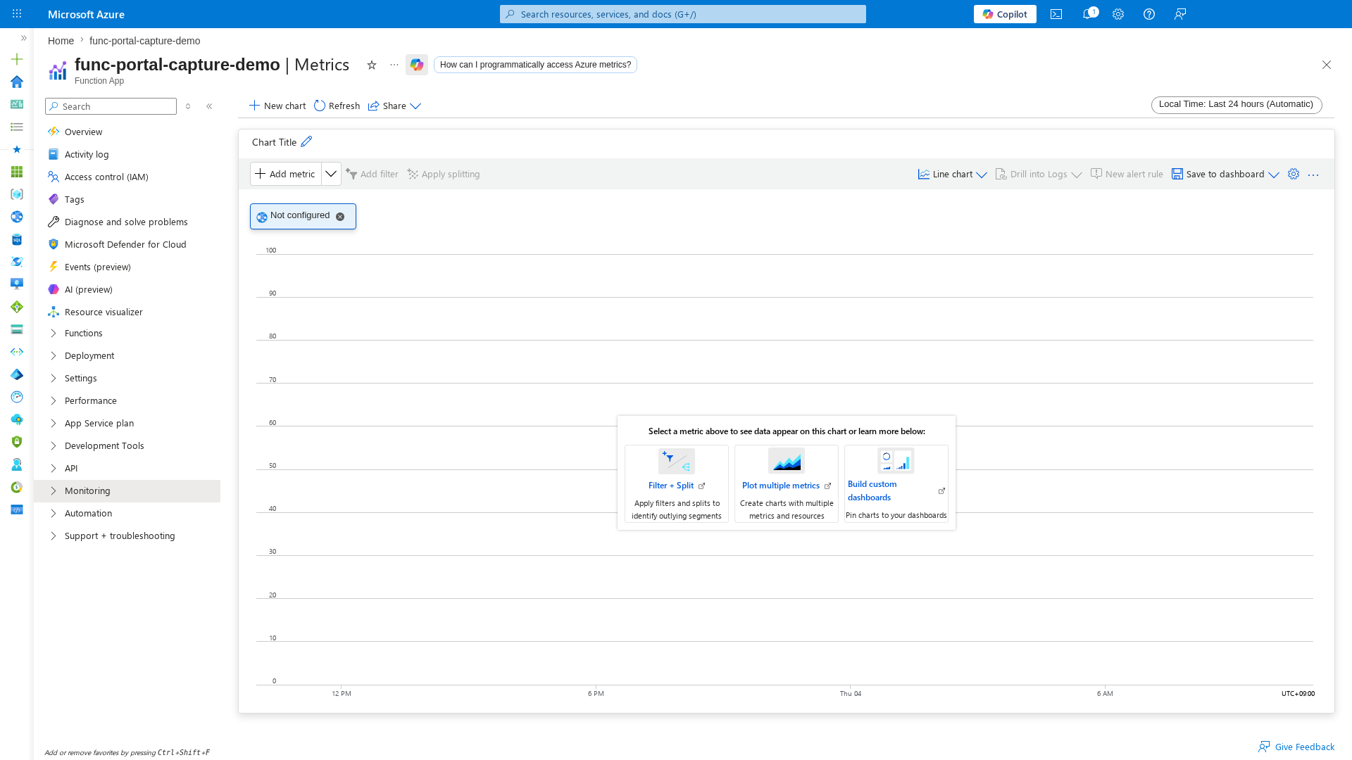 Metrics Explorer blade with empty chart and metric selector